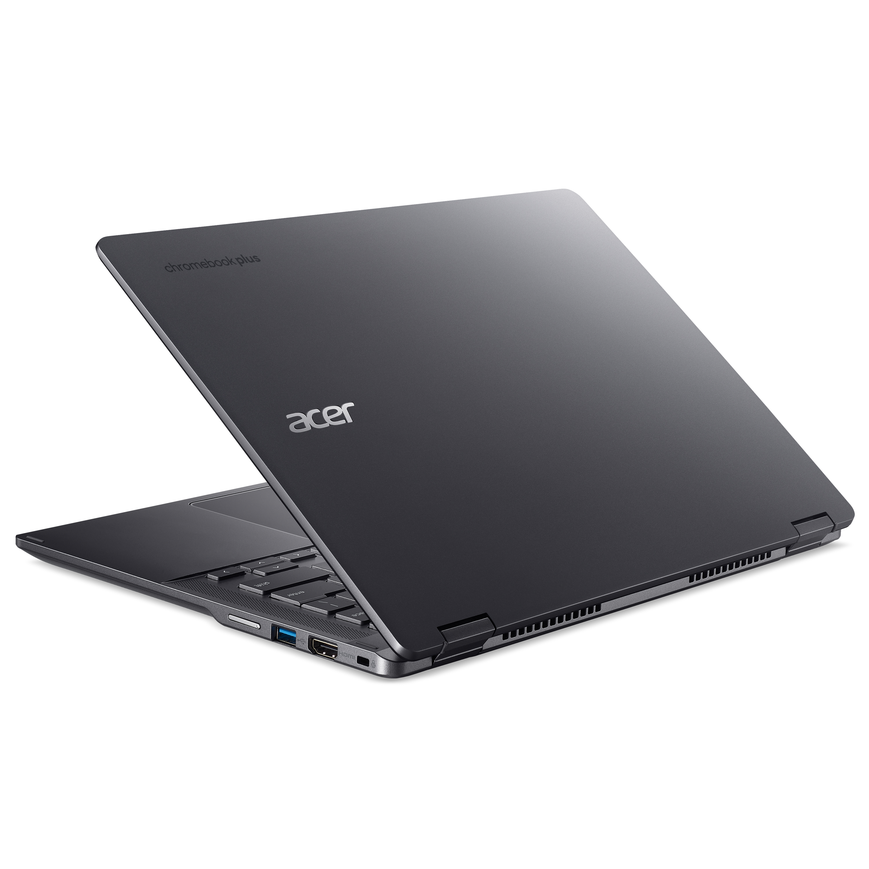 Laptop Acer Chromebook Plus grigio scuro, parzialmente aperto, vista posteriore.