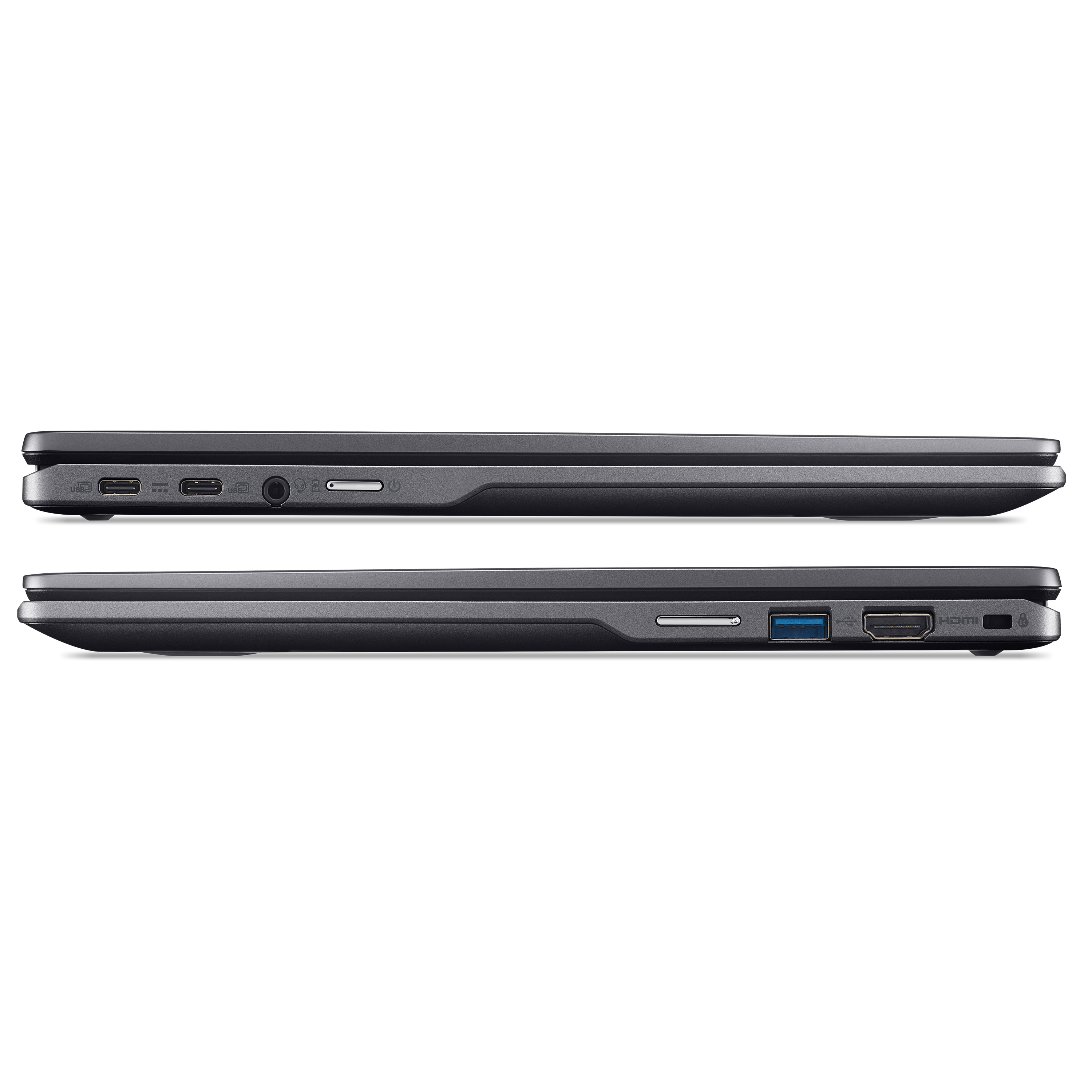 Due viste laterali di un laptop che mostrano le porte e il design del bordo.