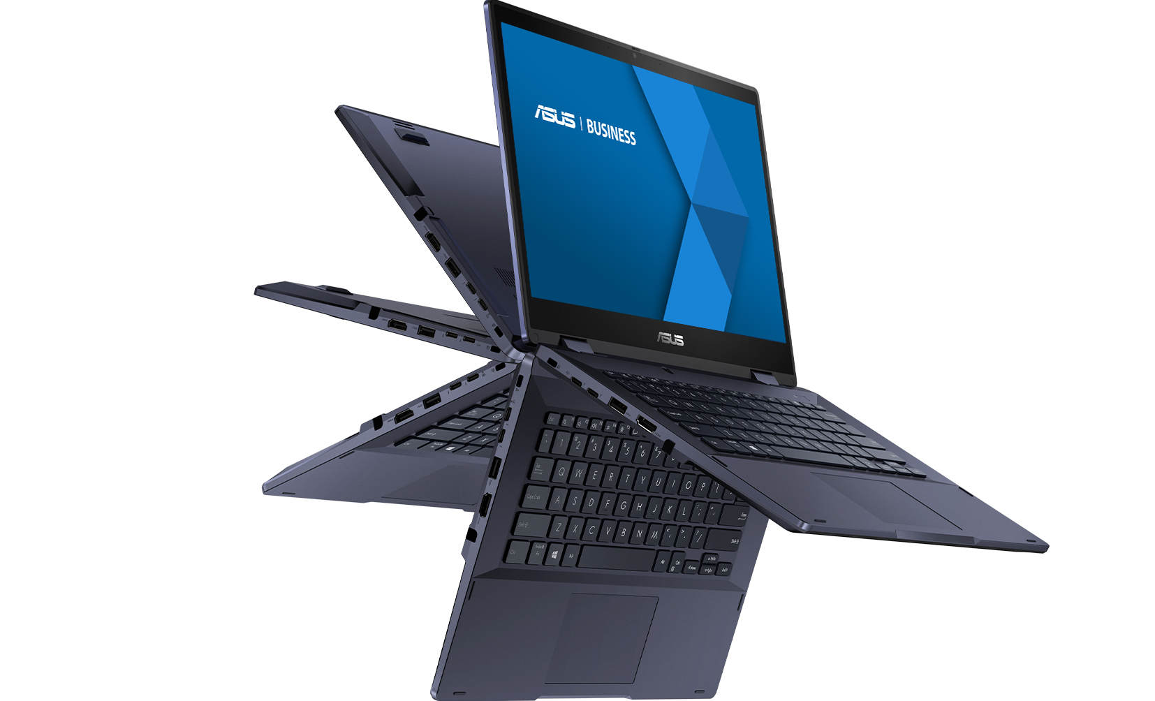Niebieski laptop z wieloma otwartymi ekranami, pokazujący różne kąty.