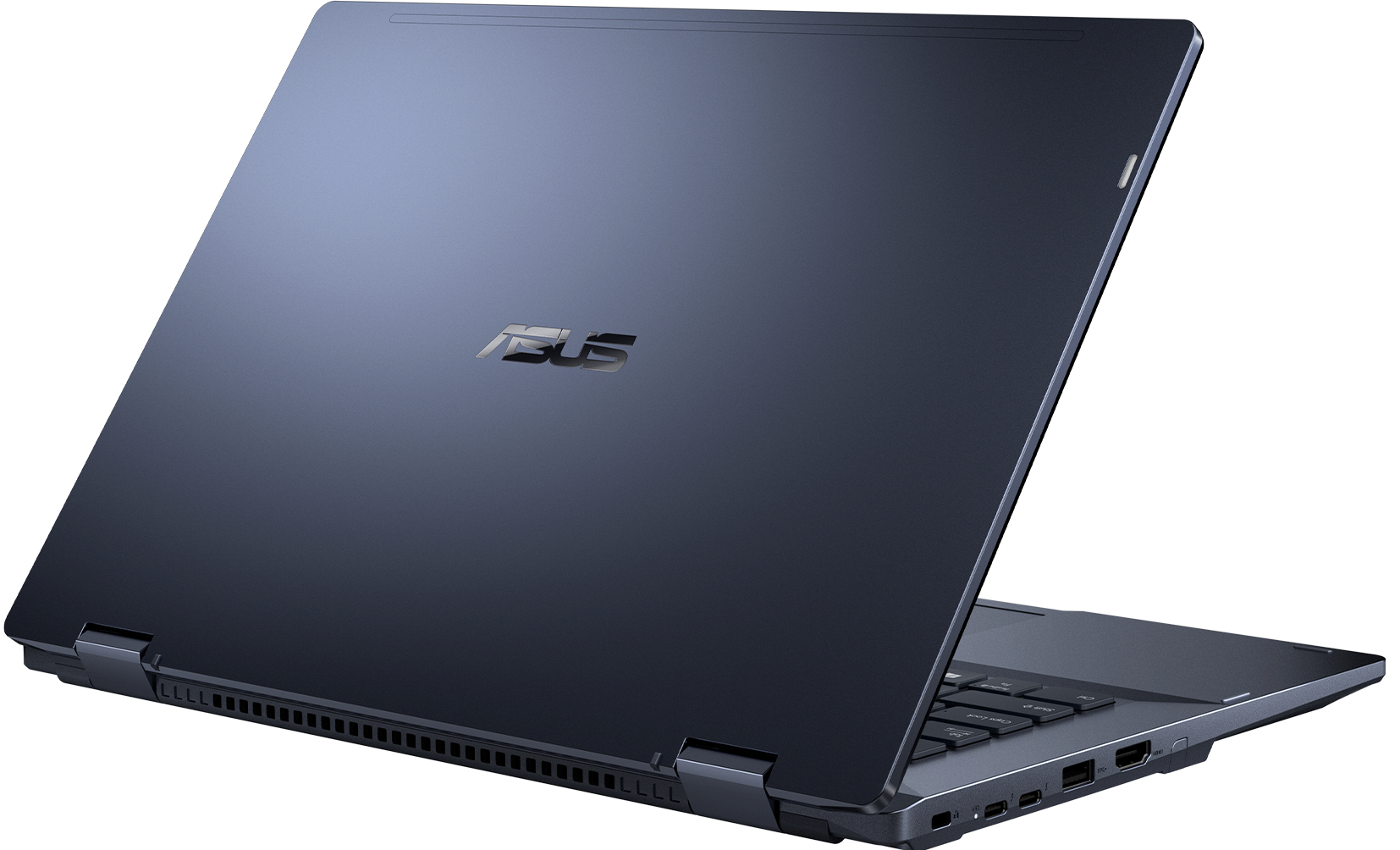 Laptop, niebieski, zamknięta pokrywa, z logo ASUS.