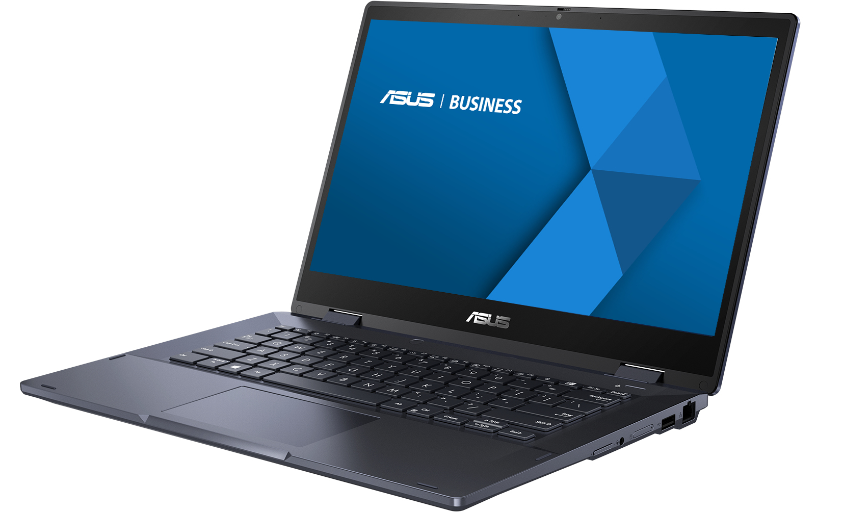 Laptop z ekranem wyświetlającym niebieską grafikę biznesową na białym tle.
