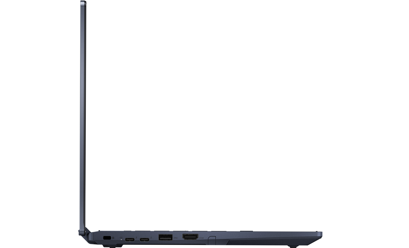 Widok z boku ciemnoniebieskiego laptopa, pokazujący porty. Tło to biały gradient.