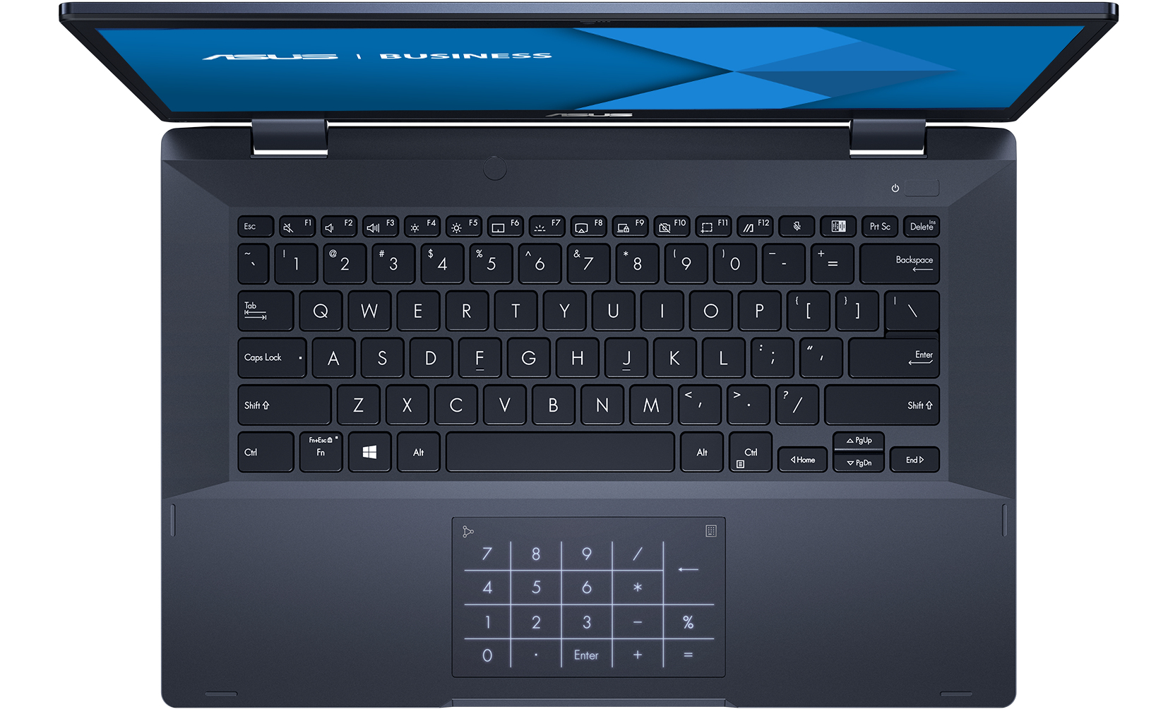 Klawiatura laptopa, widok z góry. Niebieska kolorystyka.