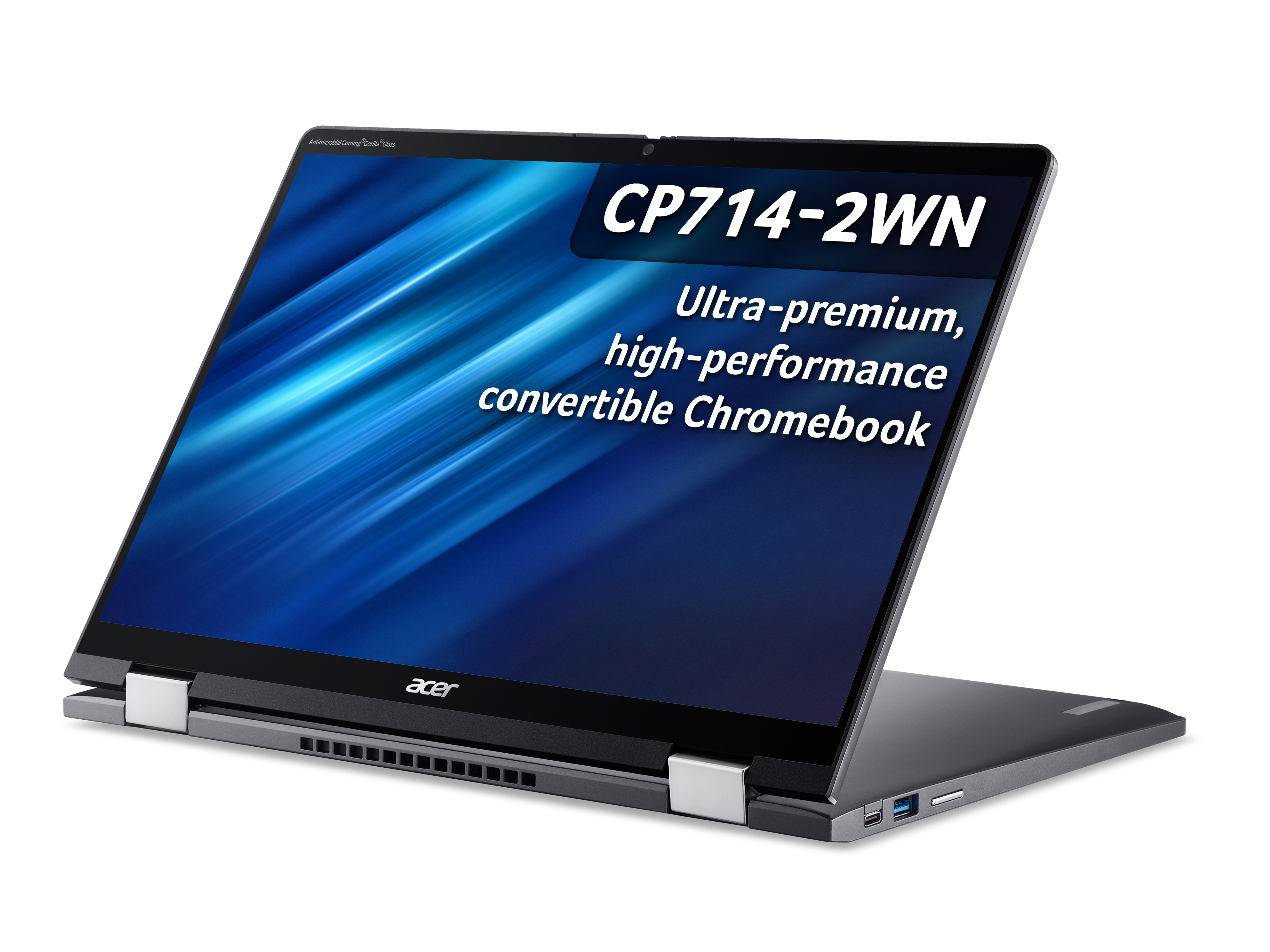 Chromebook convertibile Acer con testo sullo schermo: CP714-2WN Ultra-premium, Chromebook ad alte prestazioni.