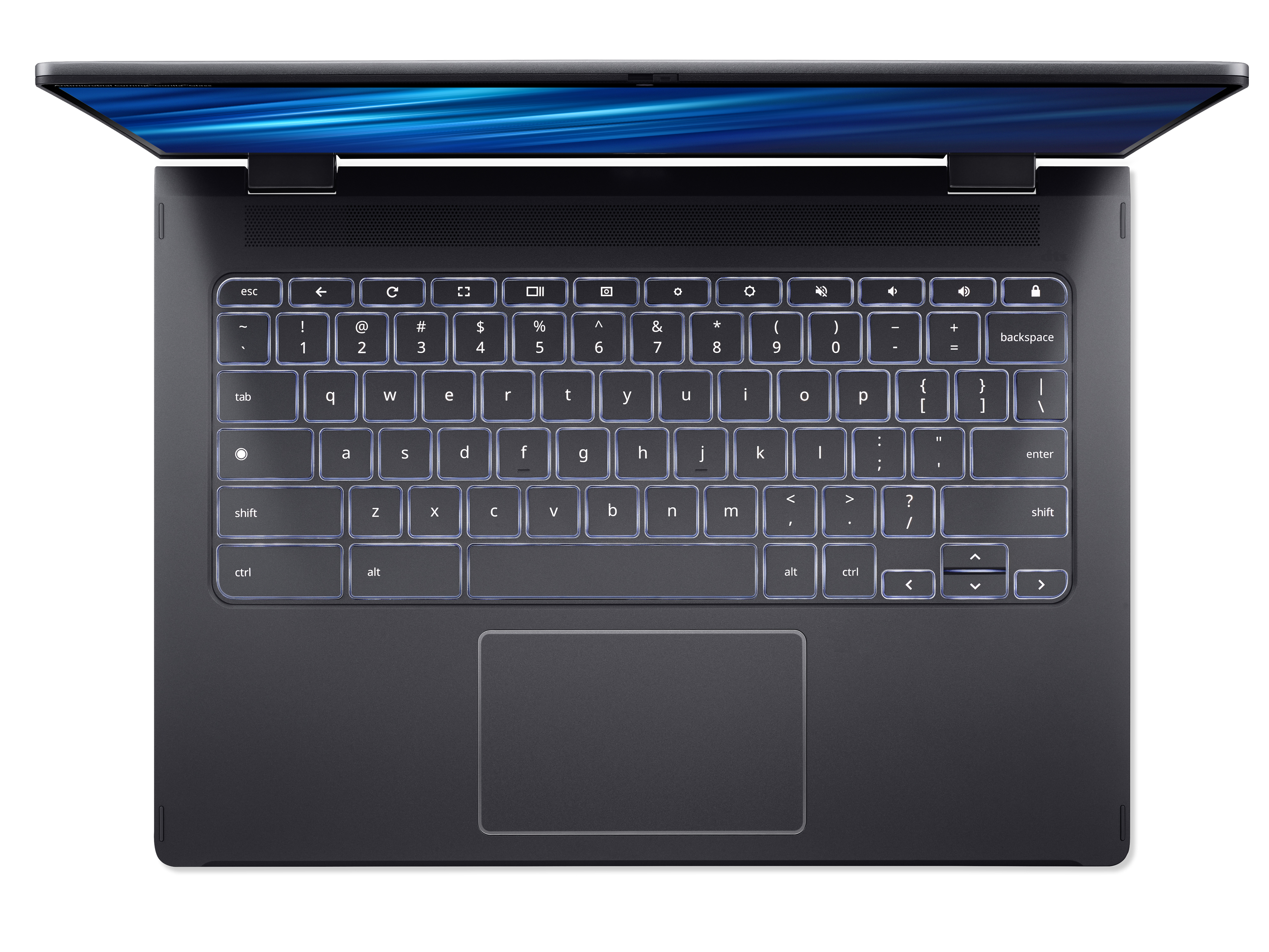 Laptop, vista dall'alto, aperto. Tastiera con tasti illuminati. Corpo nero, sfondo bianco.