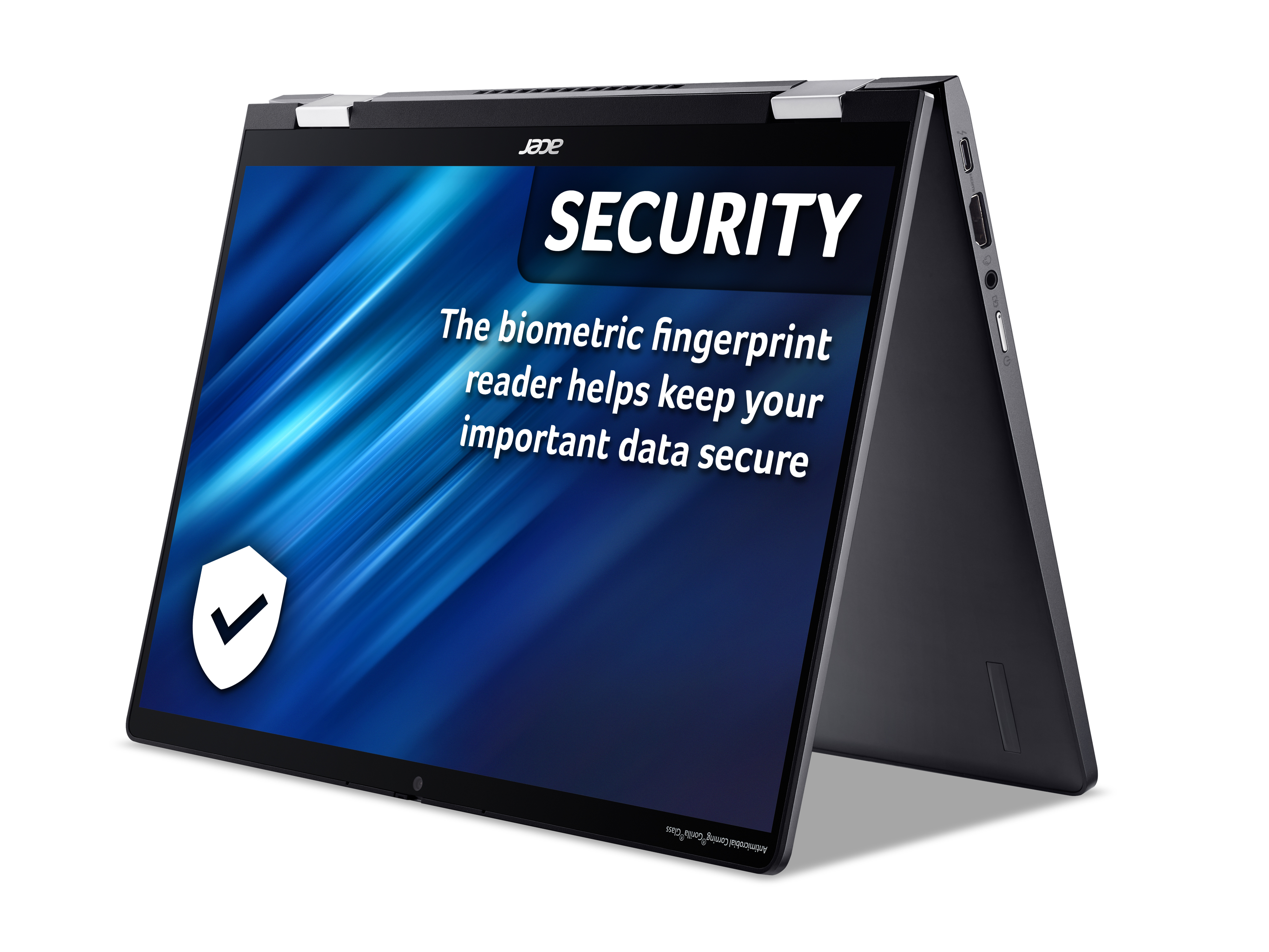 Schermo nero del laptop con testo di sicurezza, lettore di impronte digitali.