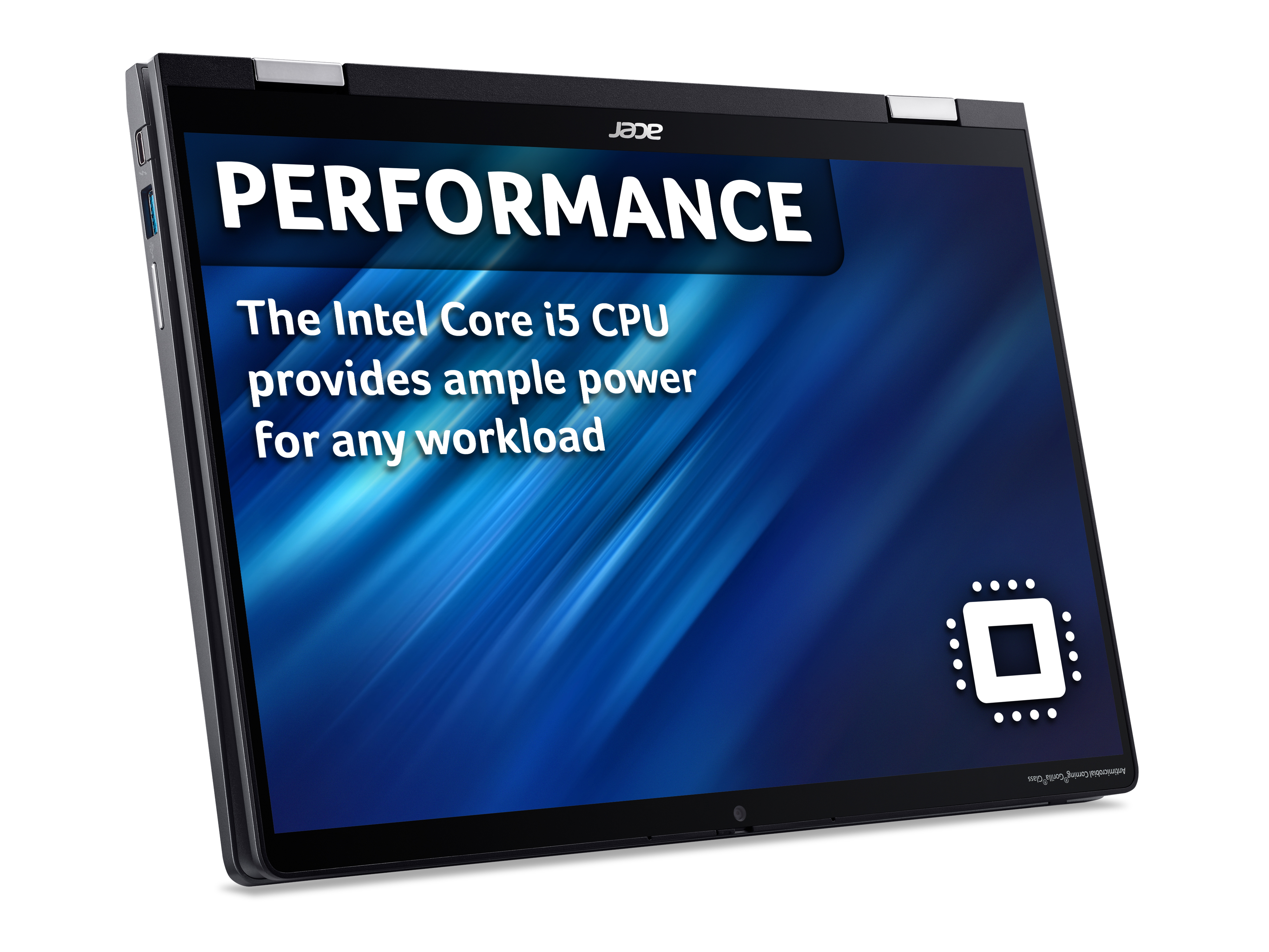 Laptop nero in posizione a tenda, lo schermo mostra il testo sulle prestazioni della CPU Intel Core i5.