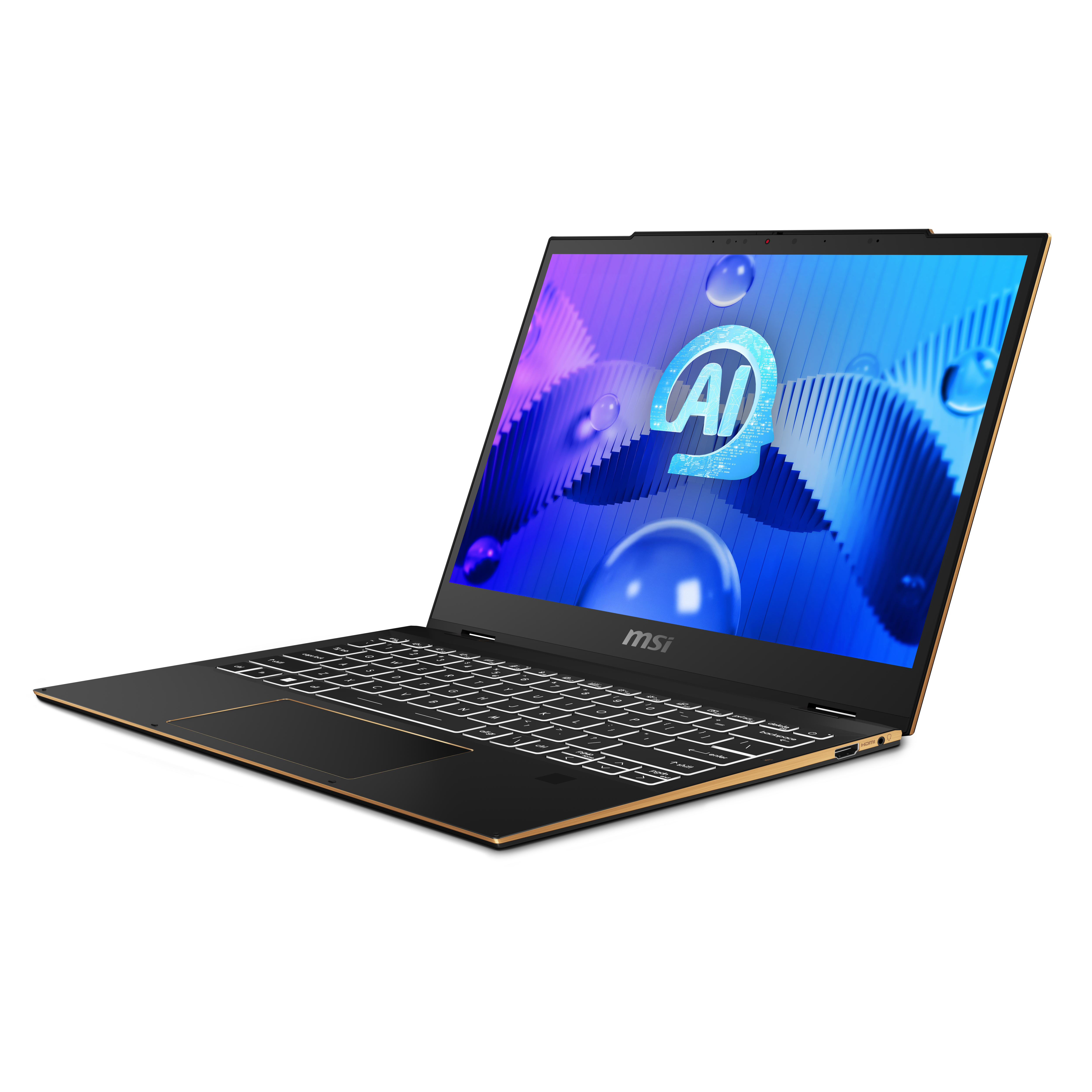 Laptop nero, aperto su superficie bianca. Schermo mostra logo AI con sfondo blu e viola.