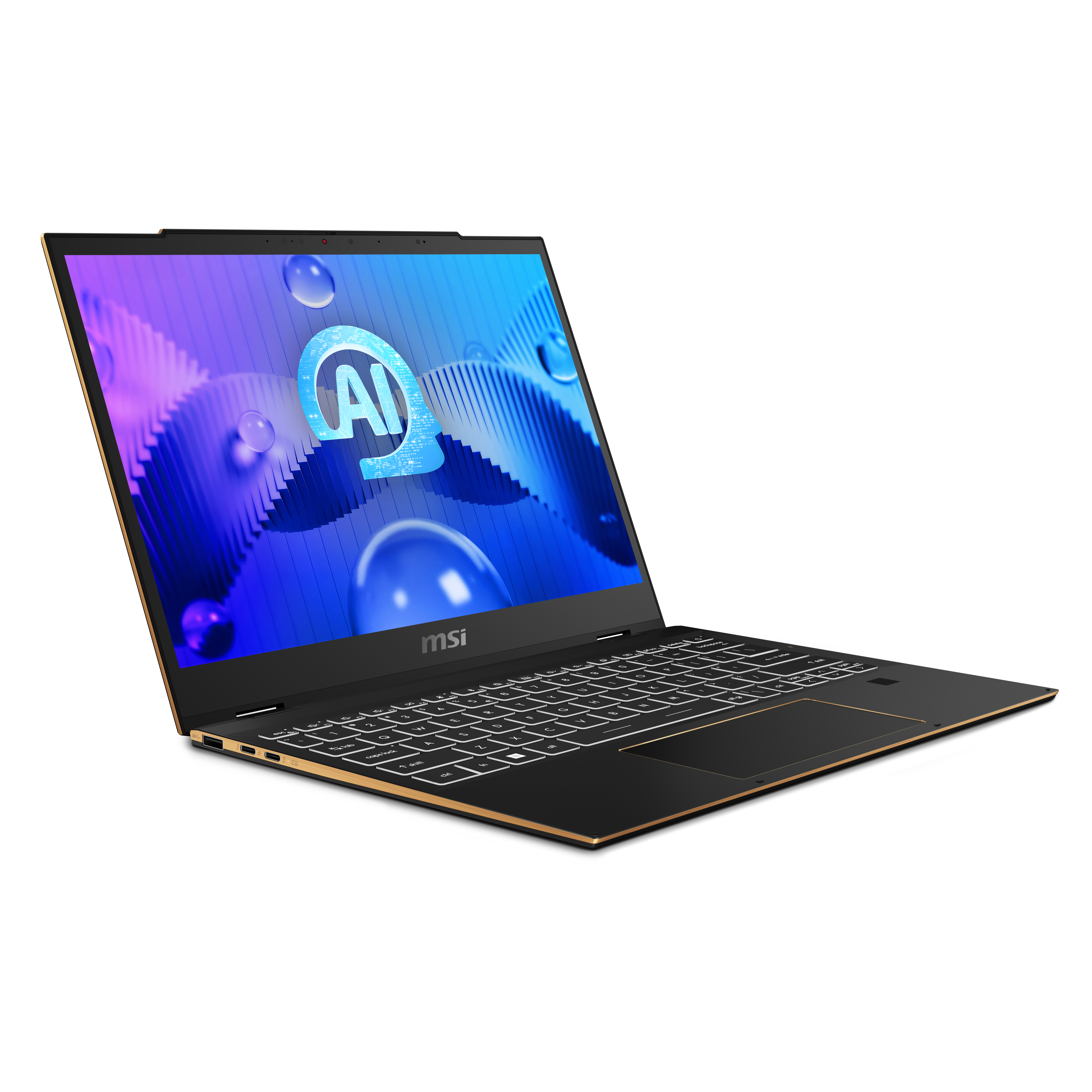 Laptop con schermo che mostra un logo AI su sfondo blu.