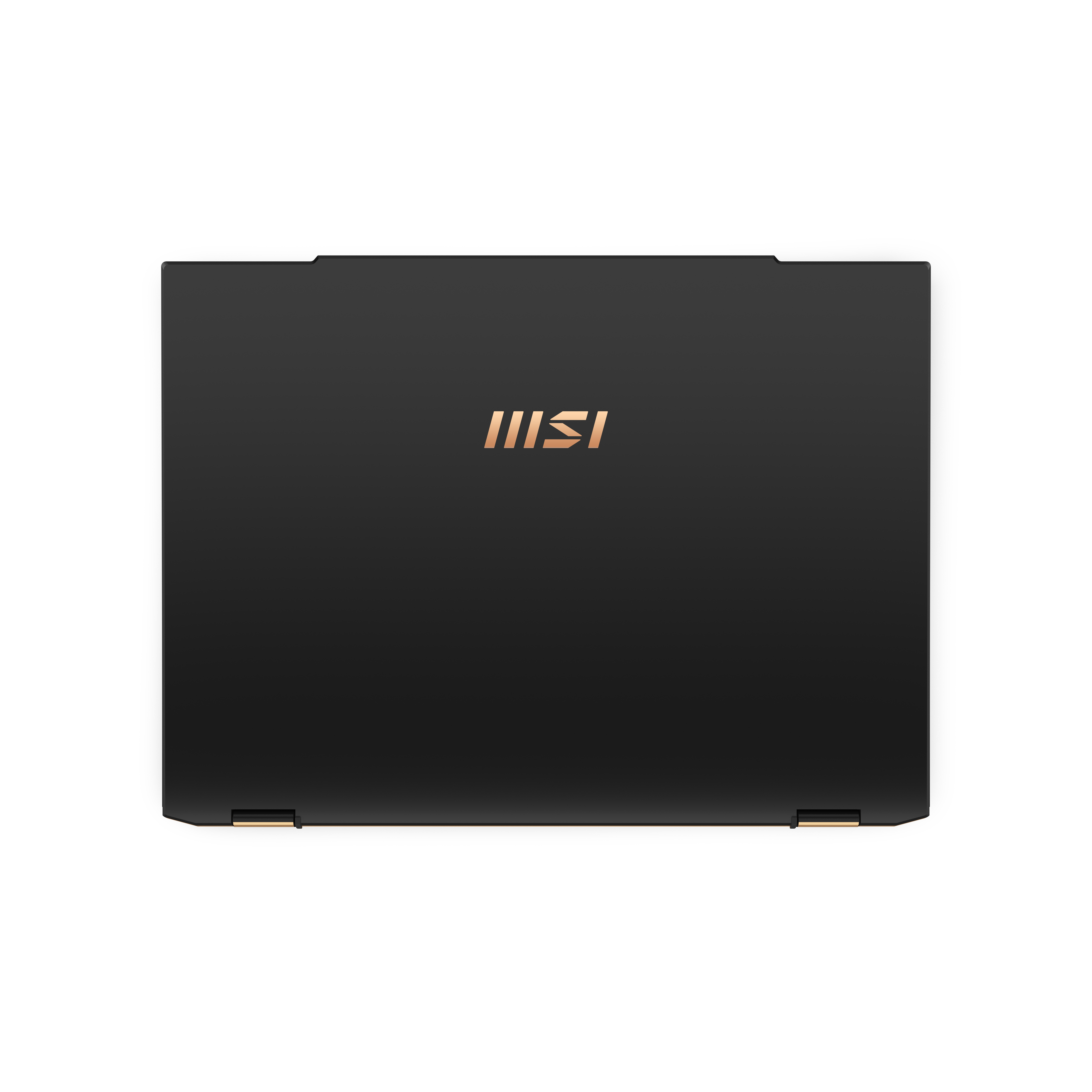 Laptop nero con coperchio chiuso. Il retro ha un logo MSI metallico.