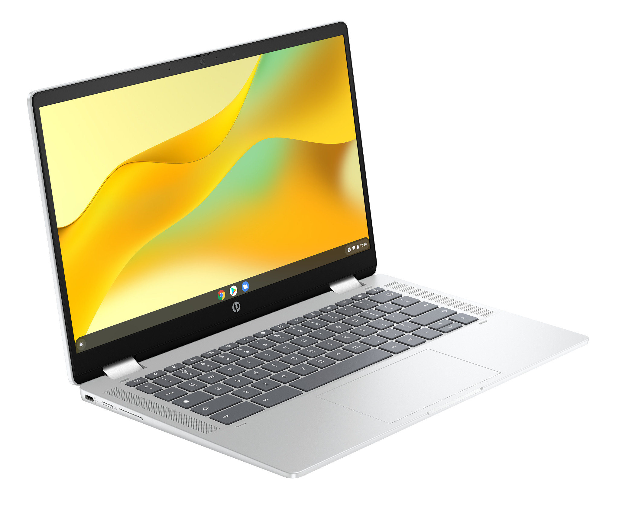 Ein silberner Laptop auf weißem Hintergrund, mit geöffnetem Bildschirm, der ein gelb-oranges Design zeigt.