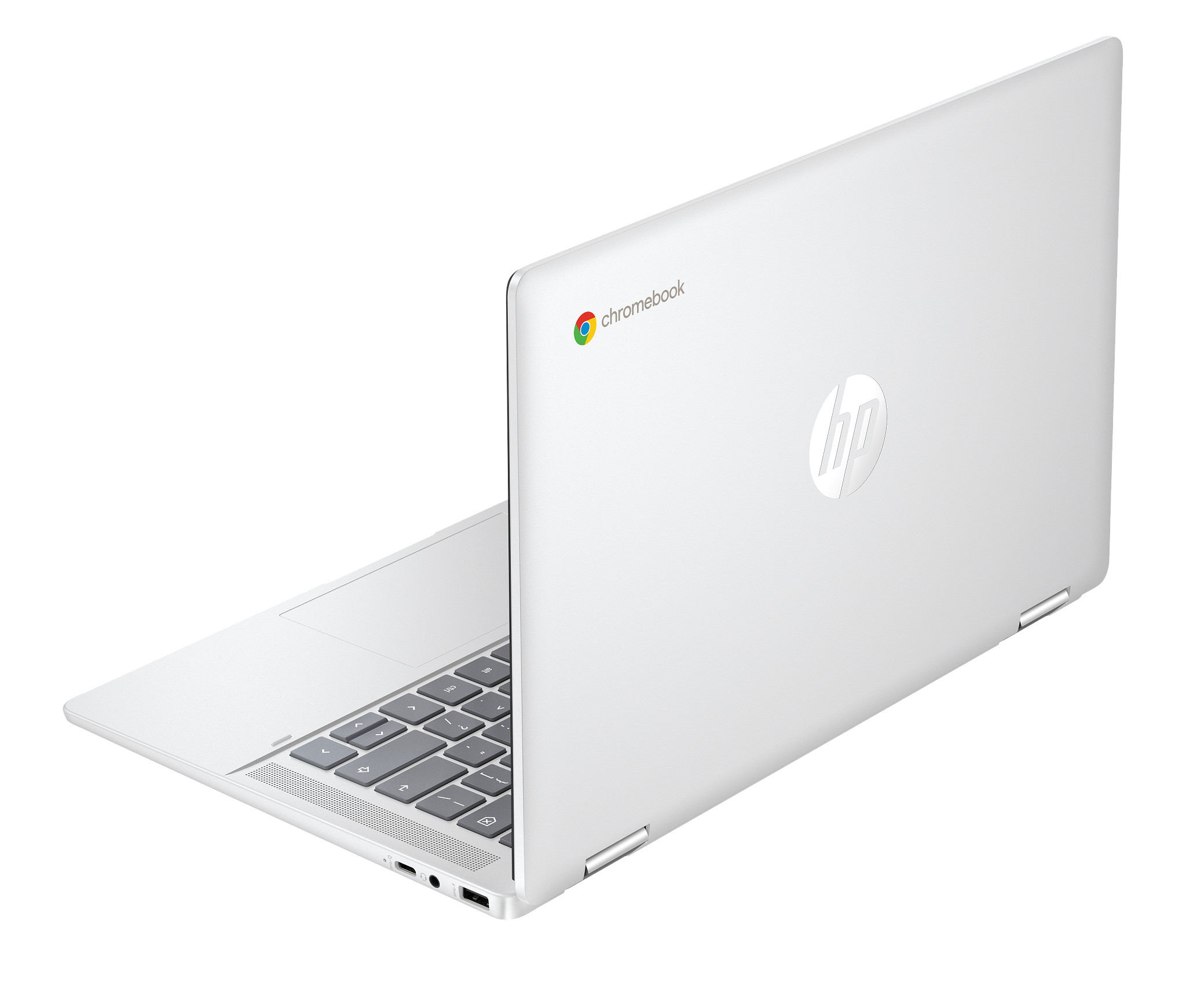 Weißes HP Chromebook Laptop, leicht geöffnet, zeigt die Tastatur und das HP-Logo.