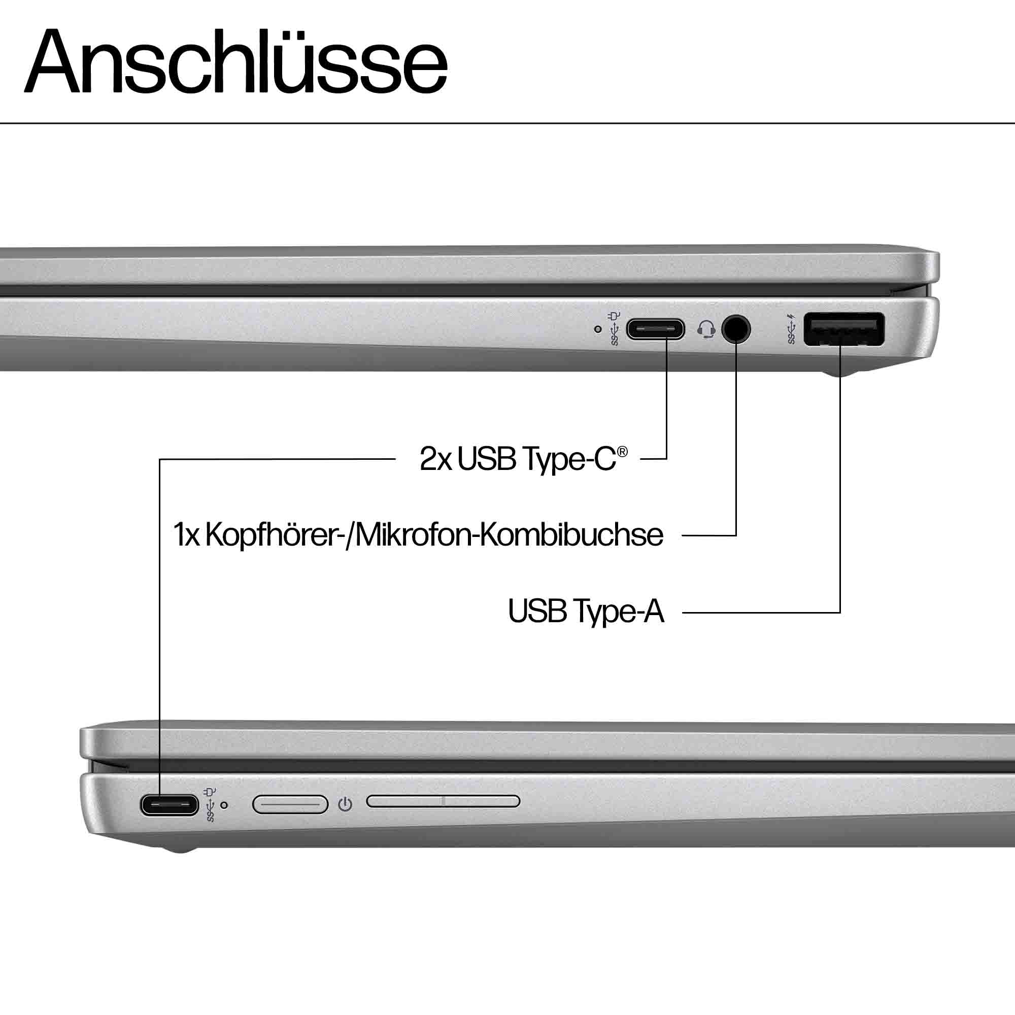 Nahaufnahme der Laptop-Anschlüsse. Zeigt USB Typ-C, Kopfhöreranschluss und USB Typ-A Anschlüsse. Der Laptop ist silber.