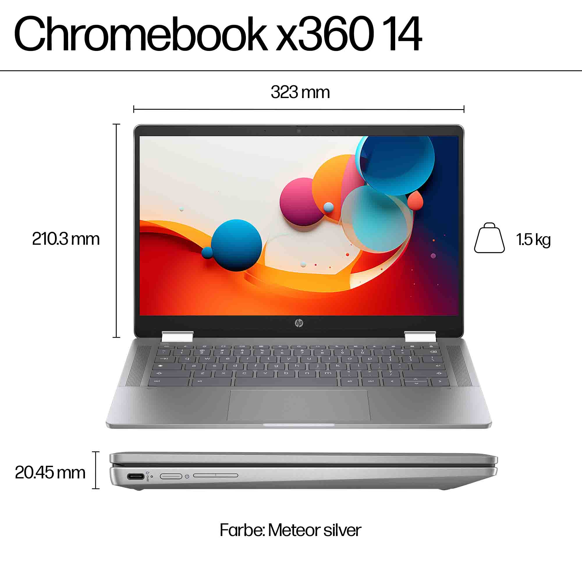 Laptop mit Abmessungen und Gewichtsangaben. Die Farbe ist Meteorsilber. Es ist ein Chromebook.