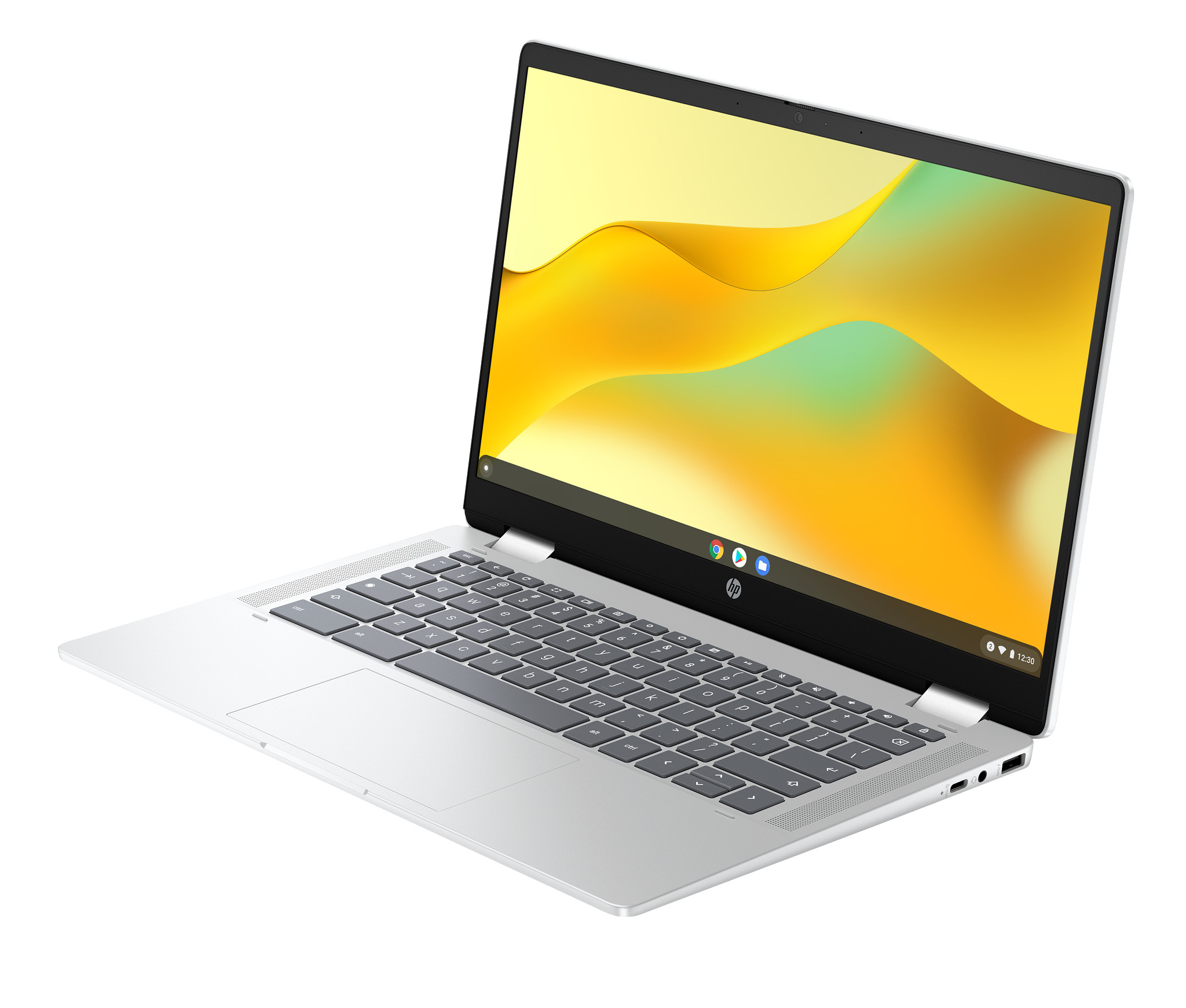 Silberner Laptop, teilweise geöffnet, mit gelb-grünem Bildschirm, auf weißem Hintergrund.