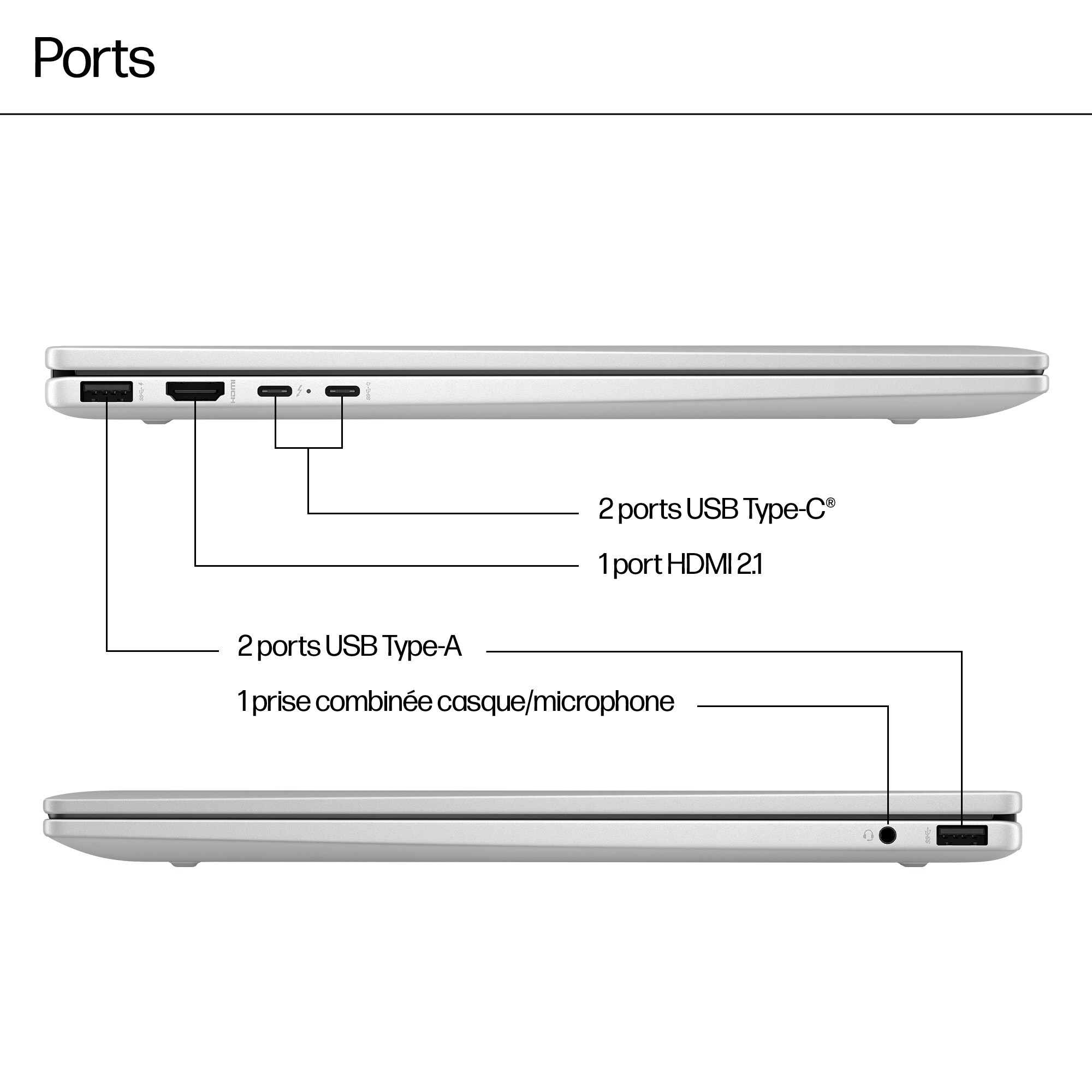 Widok z boku srebrnego laptopa, pokazujący porty: USB-A, USB-C, HDMI i gniazdo słuchawkowe.