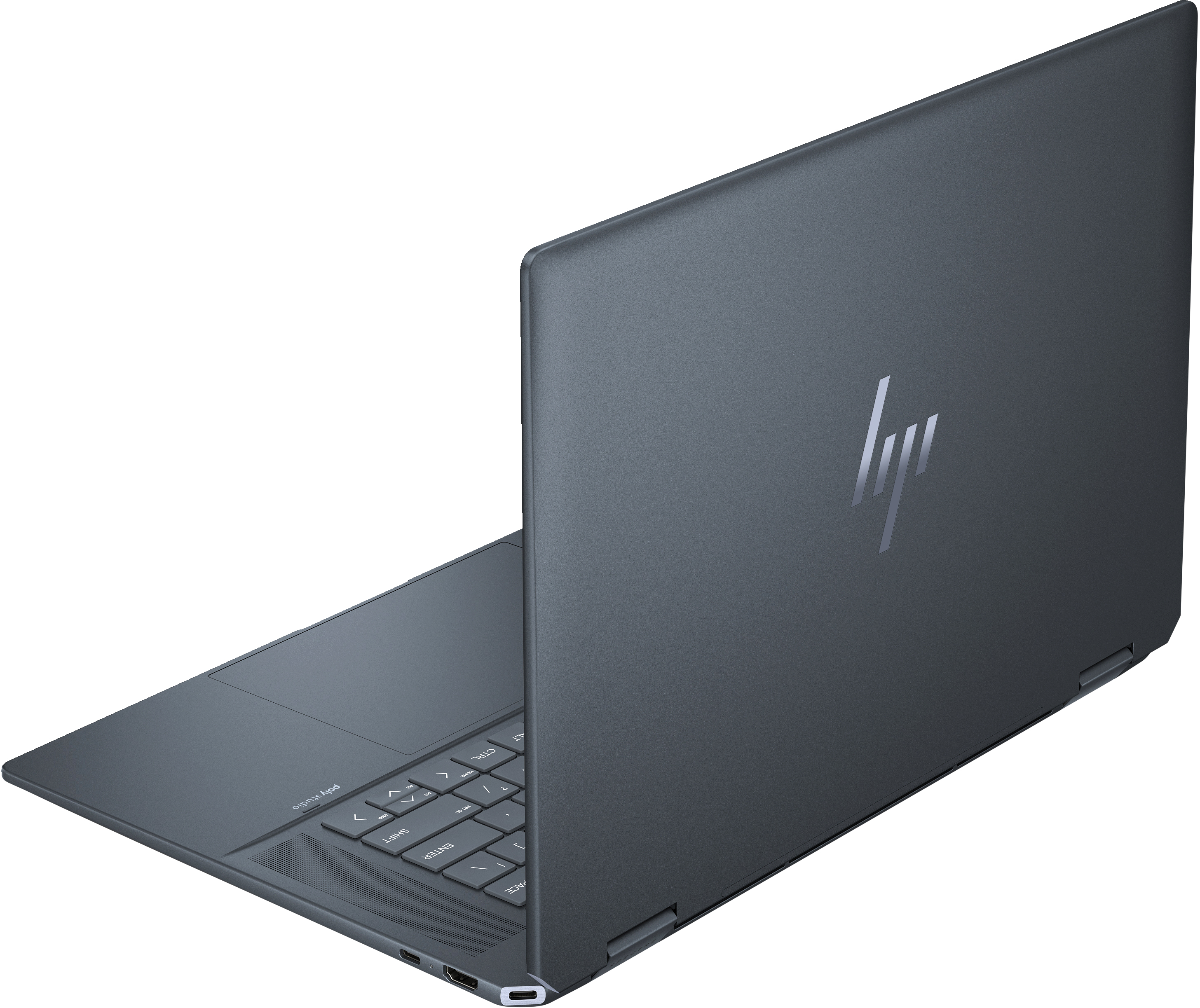 Ein dunkelgrauer Laptop ist teilweise geöffnet. Das HP-Logo ist sichtbar. Die Tastatur ist zu sehen.