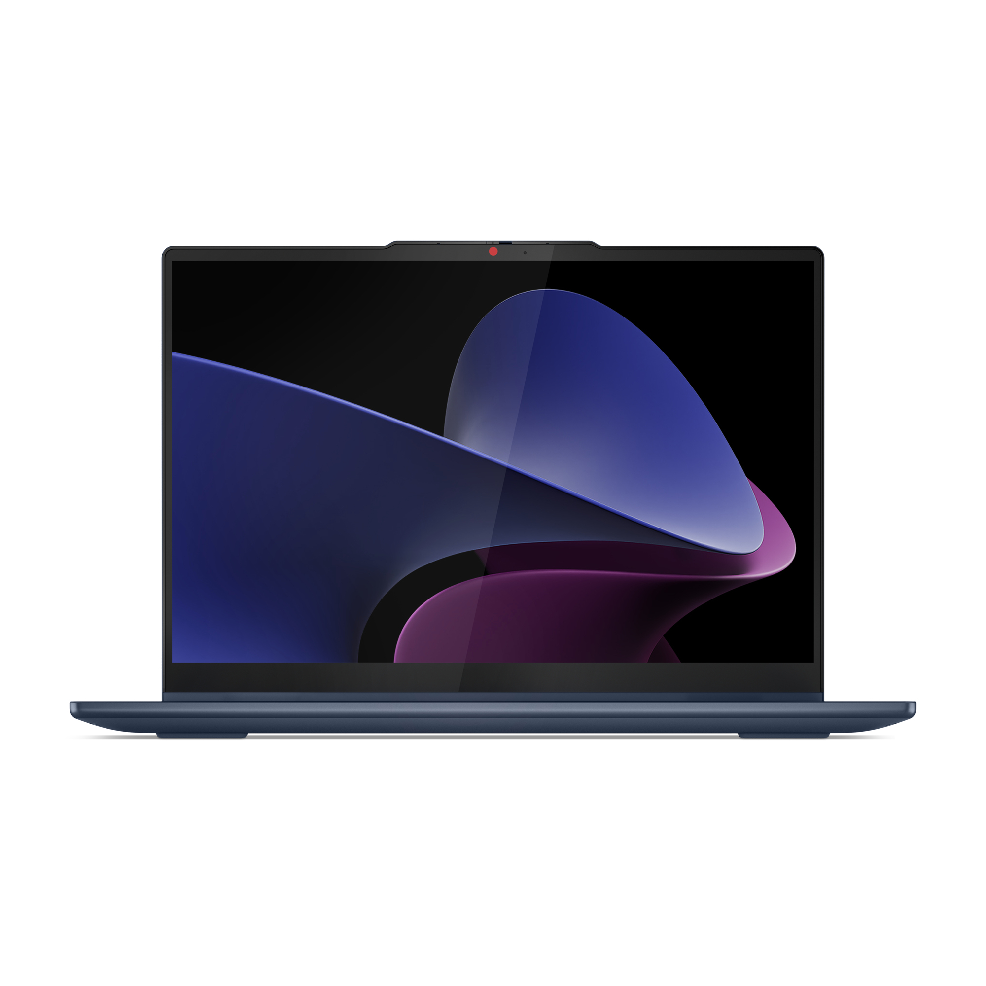 Ein blauer Laptop mit einem Bildschirm, der ein farbenfrohes abstraktes Design vor schwarzem Hintergrund zeigt.