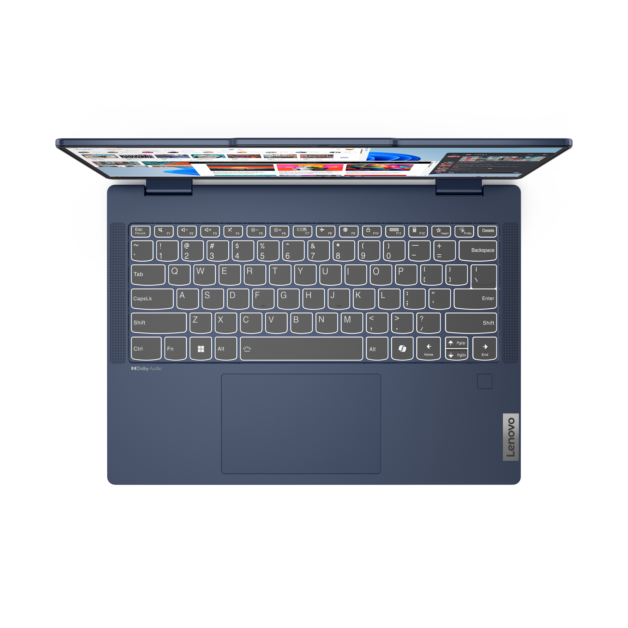 Laptop mit Bildschirm, der eine Tastatur zeigt, Draufsicht.