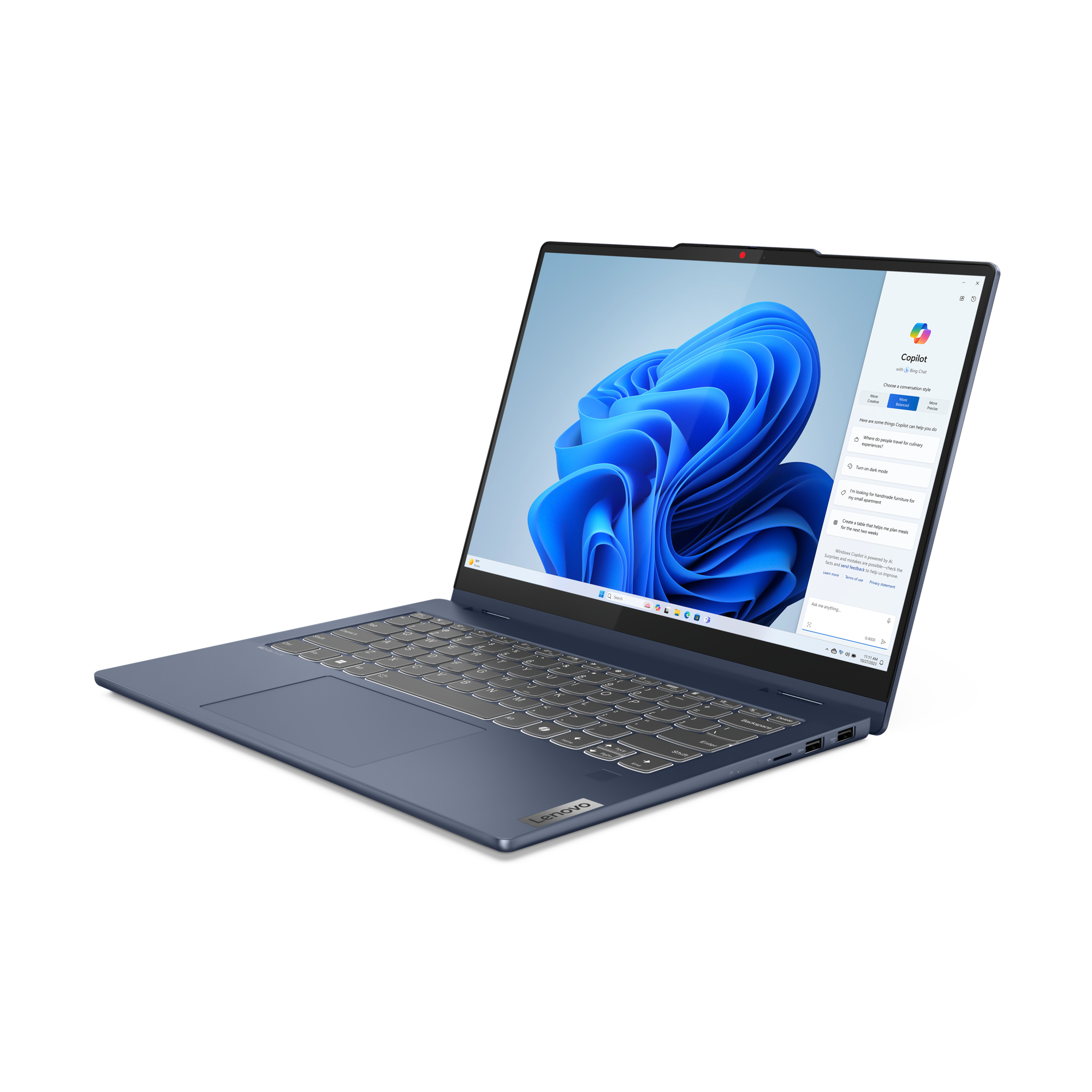 Ein blauer Laptop mit beleuchtetem Bildschirm, der eine Webseite anzeigt. Der Laptop steht auf weißem Hintergrund.