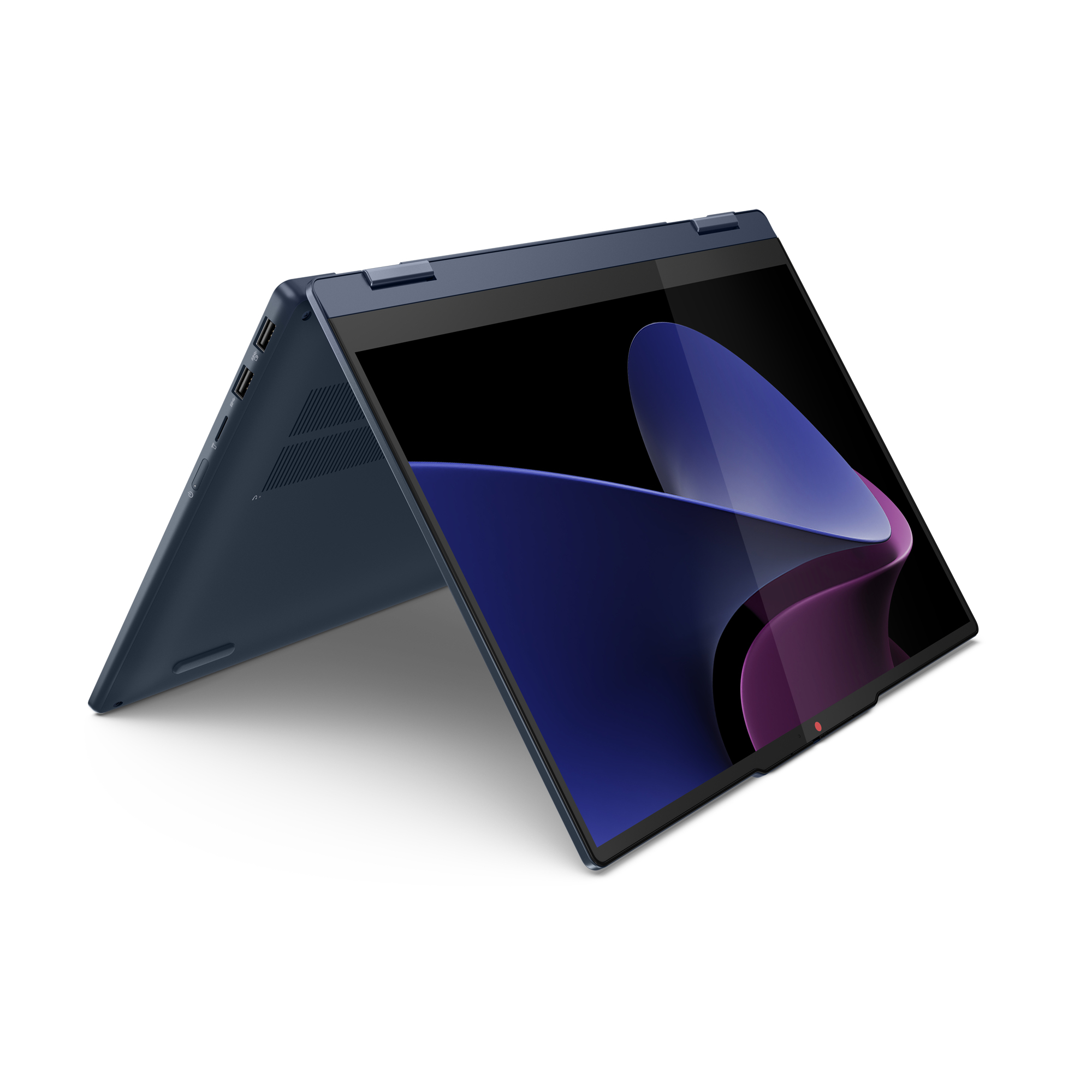 Laptop im Zeltmodus. Schwarzes Gehäuse mit blauem und violettem Bildschirm, abgewinkelt.