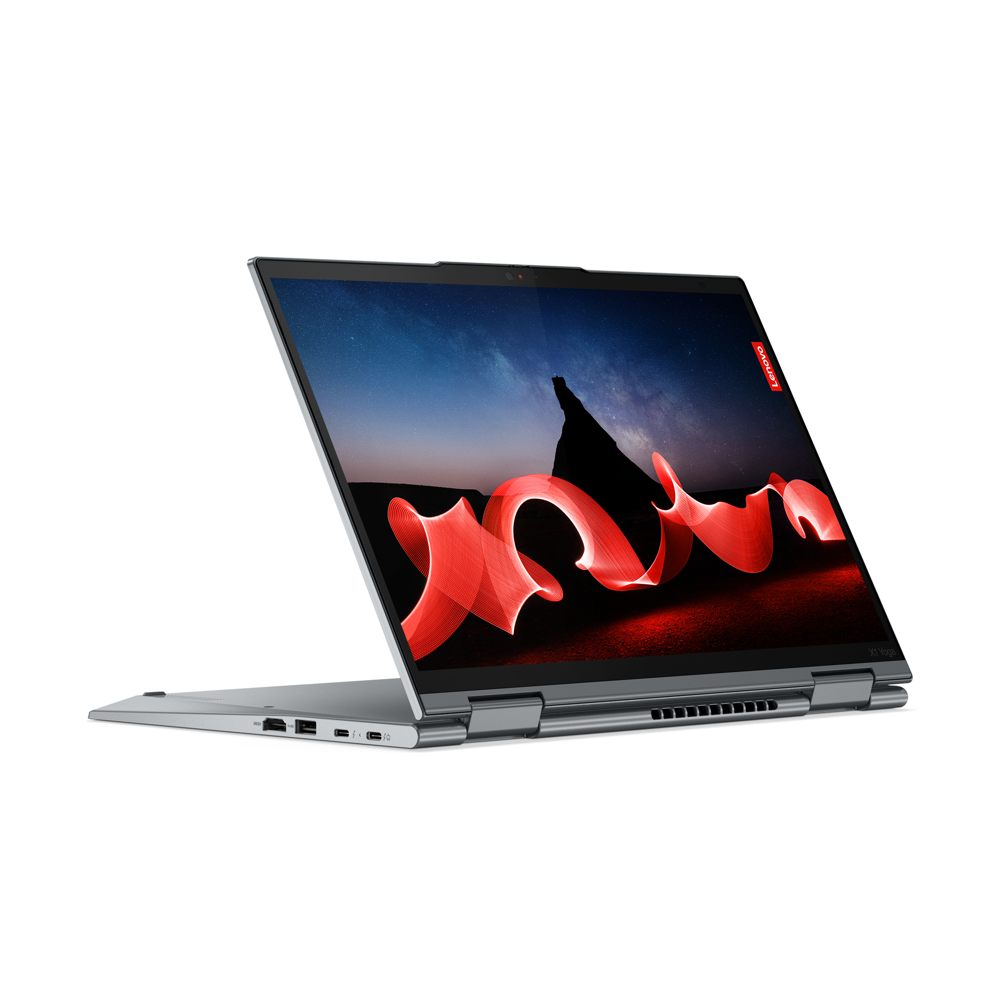Lenovo X1 Yoga Laptop, offen. Der Bildschirm zeigt einen Nachthimmel mit roten Lichtern. Silber.