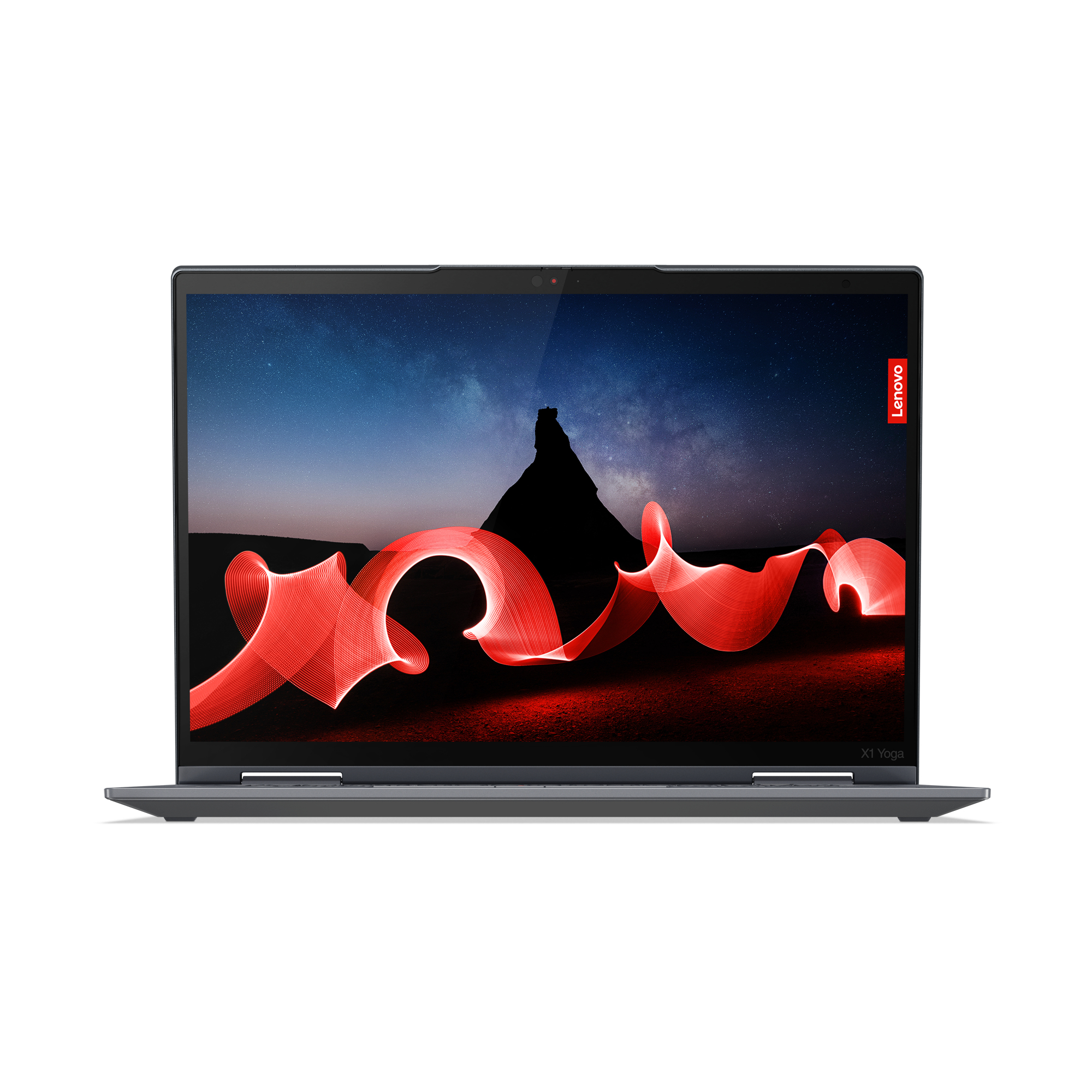 Lenovo Laptop, geöffnet, mit einem roten Lichtstreifendesign auf dem Bildschirm vor dunklem Hintergrund.