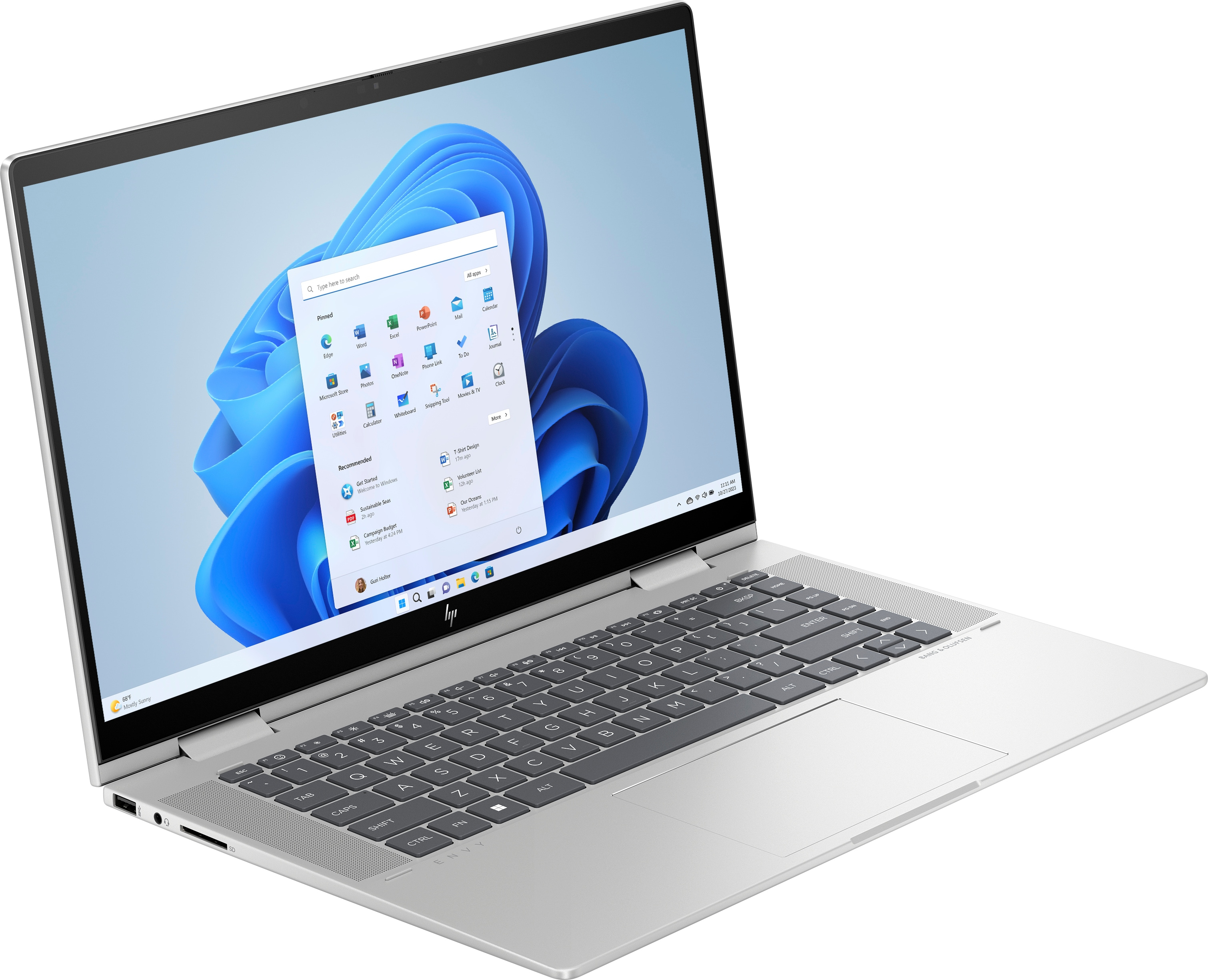 Silberner Laptop mit Windows-Oberfläche, Winkelansicht.