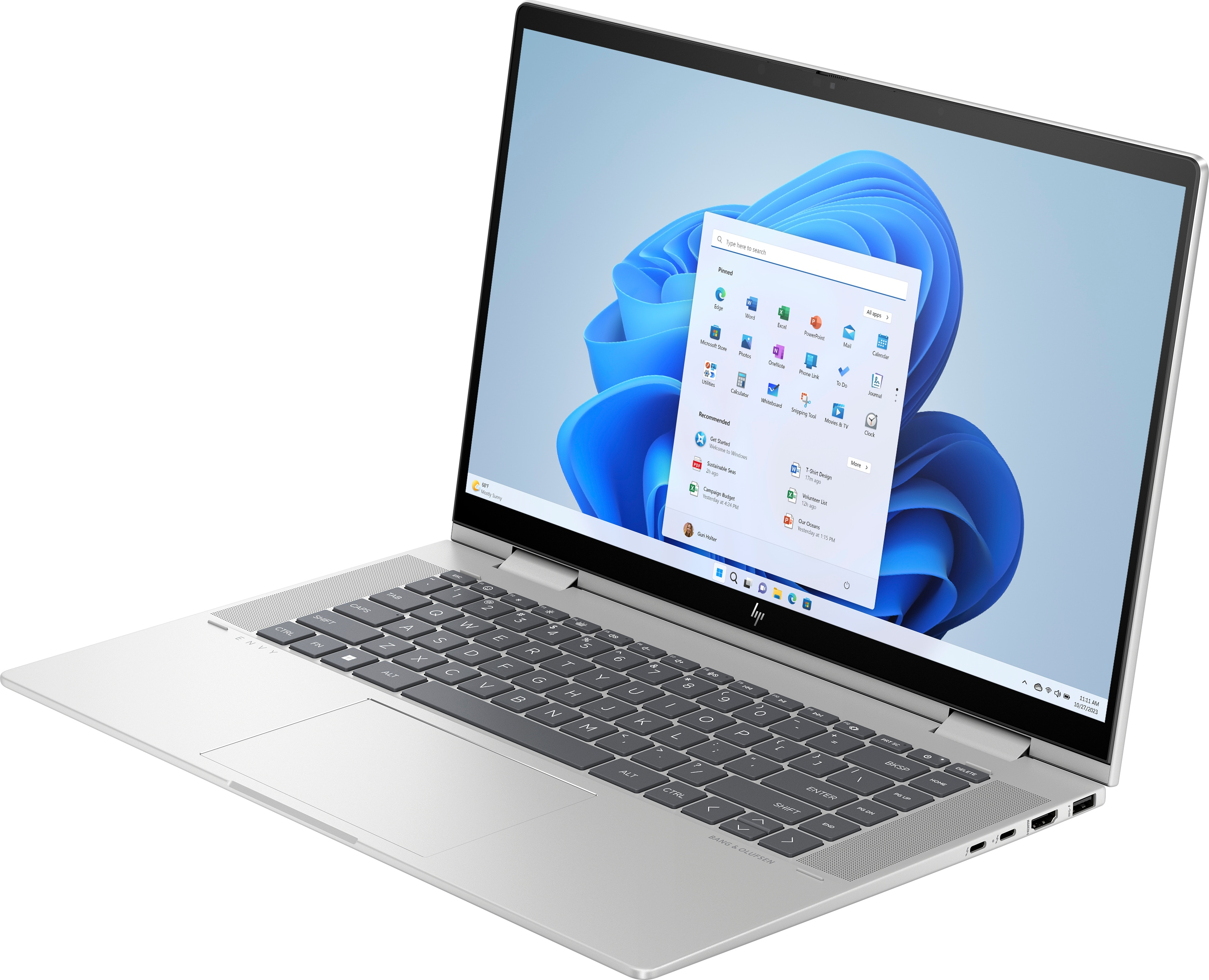 Silberner Laptop mit einem Display, das eine Windows 11-Oberfläche zeigt. Der Laptop ist geöffnet.