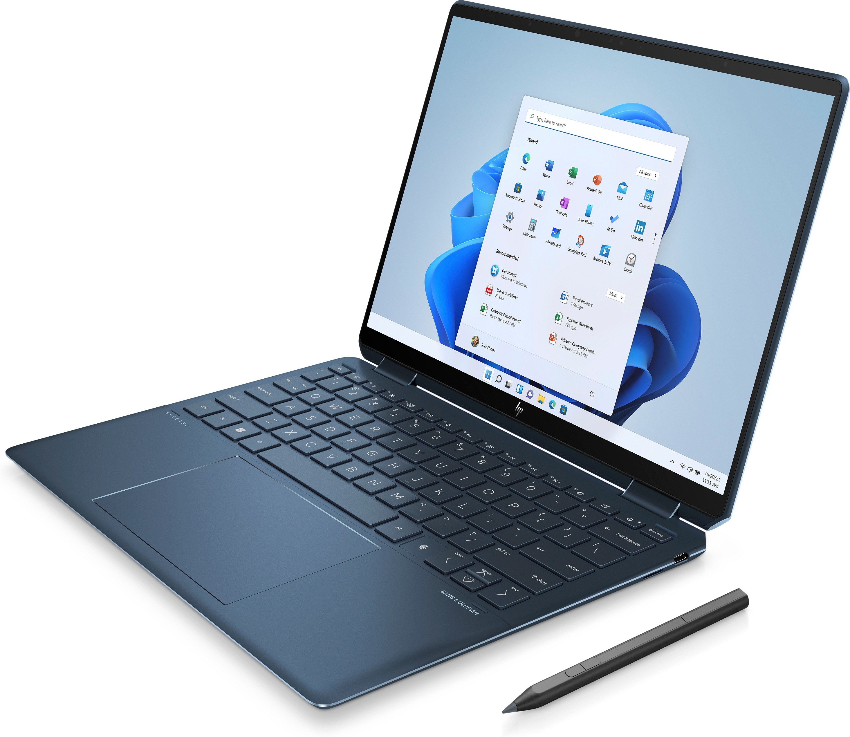 Blauer Laptop mit Windows 11 Oberfläche, geöffnet und einem Stift.
