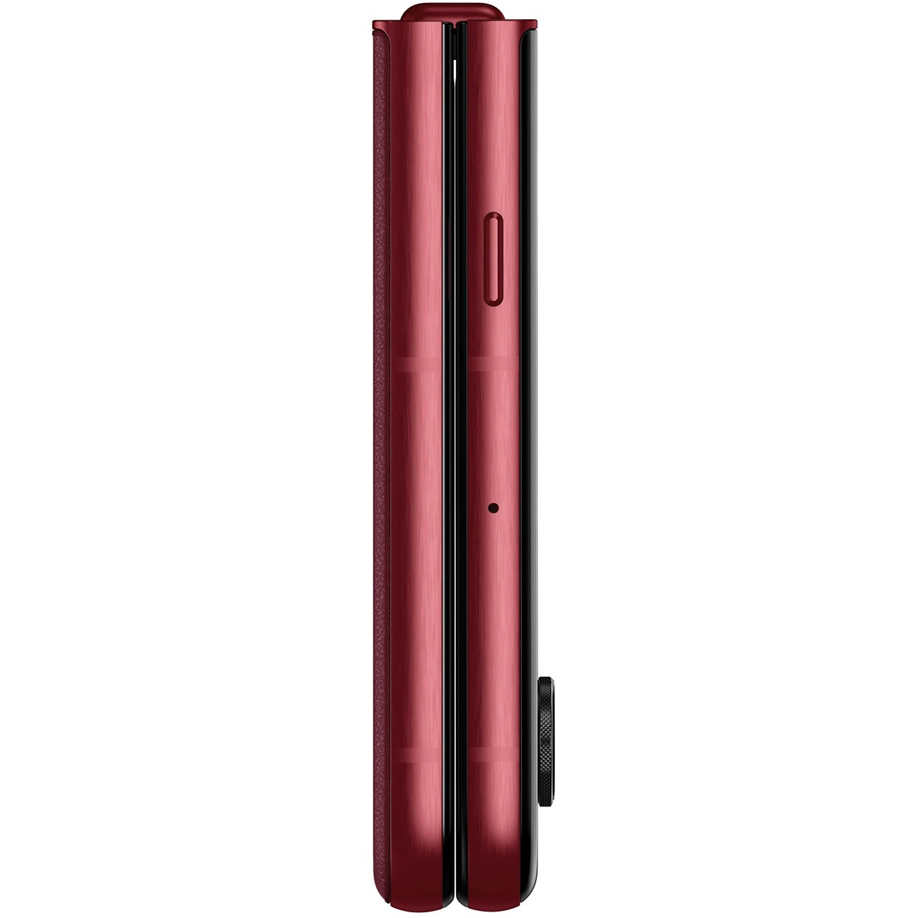 Un teléfono plegable rojo cerrado, mostrando su perfil lateral con un botón de encendido.