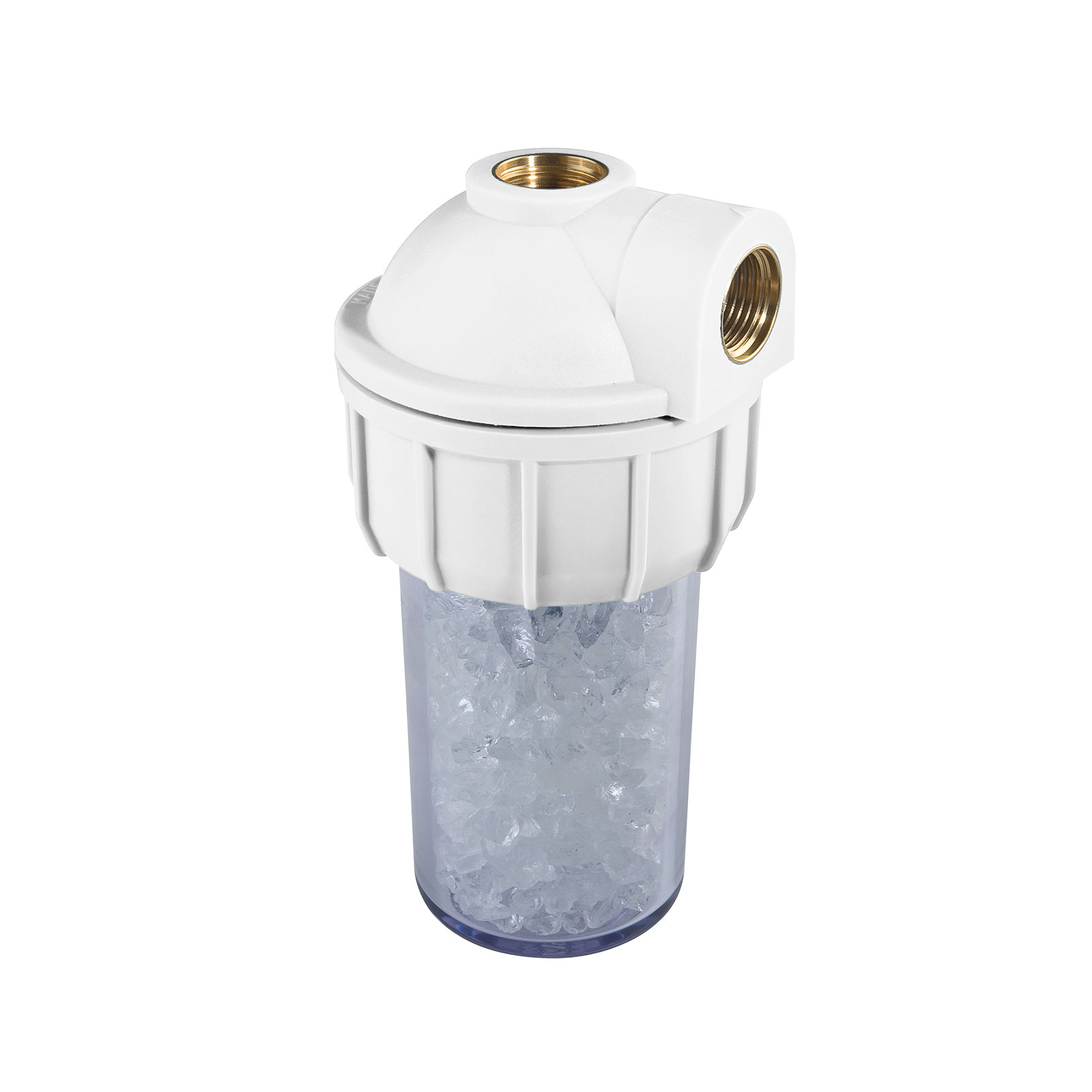 Filtro de agua blanco con recipiente de plástico transparente lleno de pequeños cristales transparentes.
