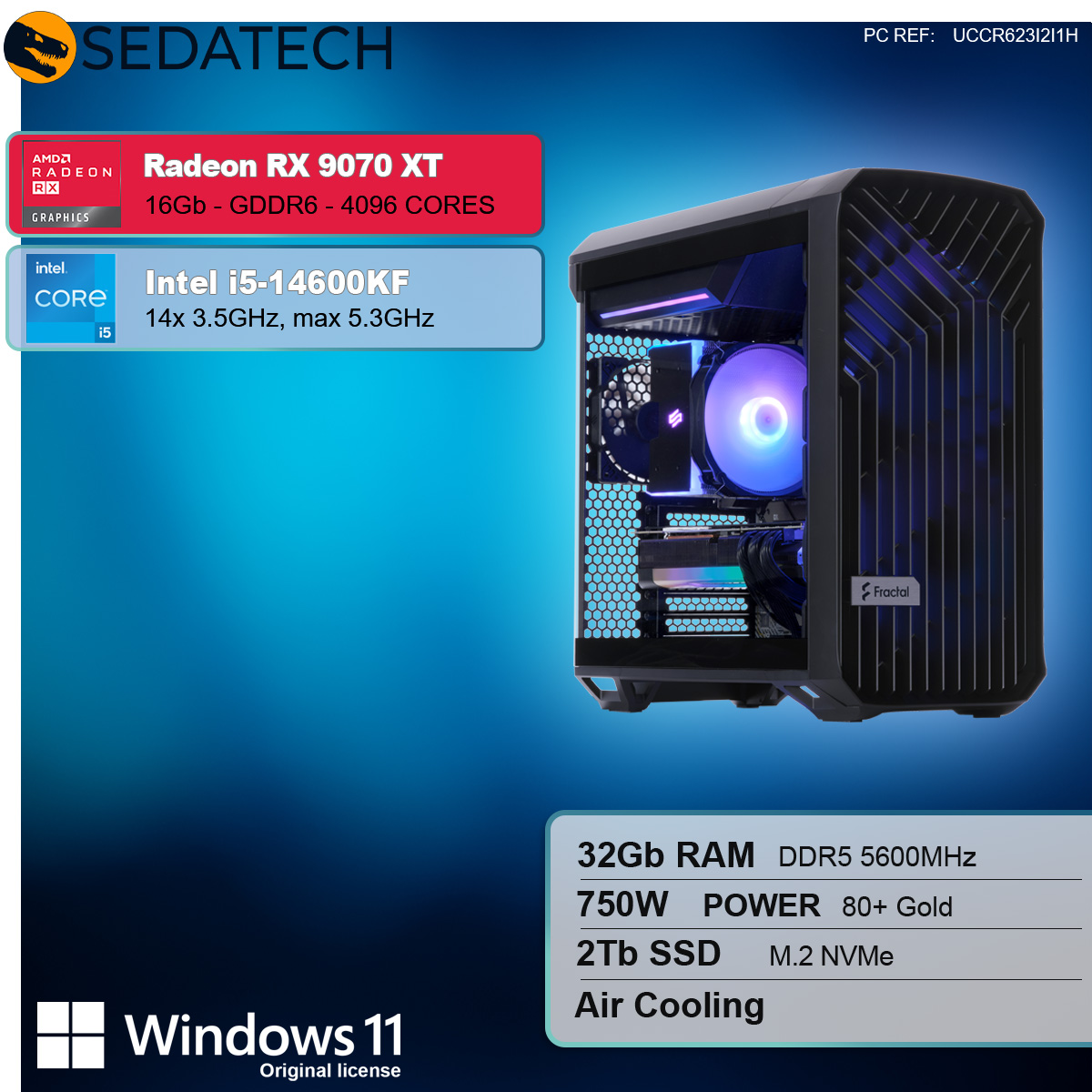 PC gaming con scheda grafica Radeon RX 9070 XT e processore Intel i5.
