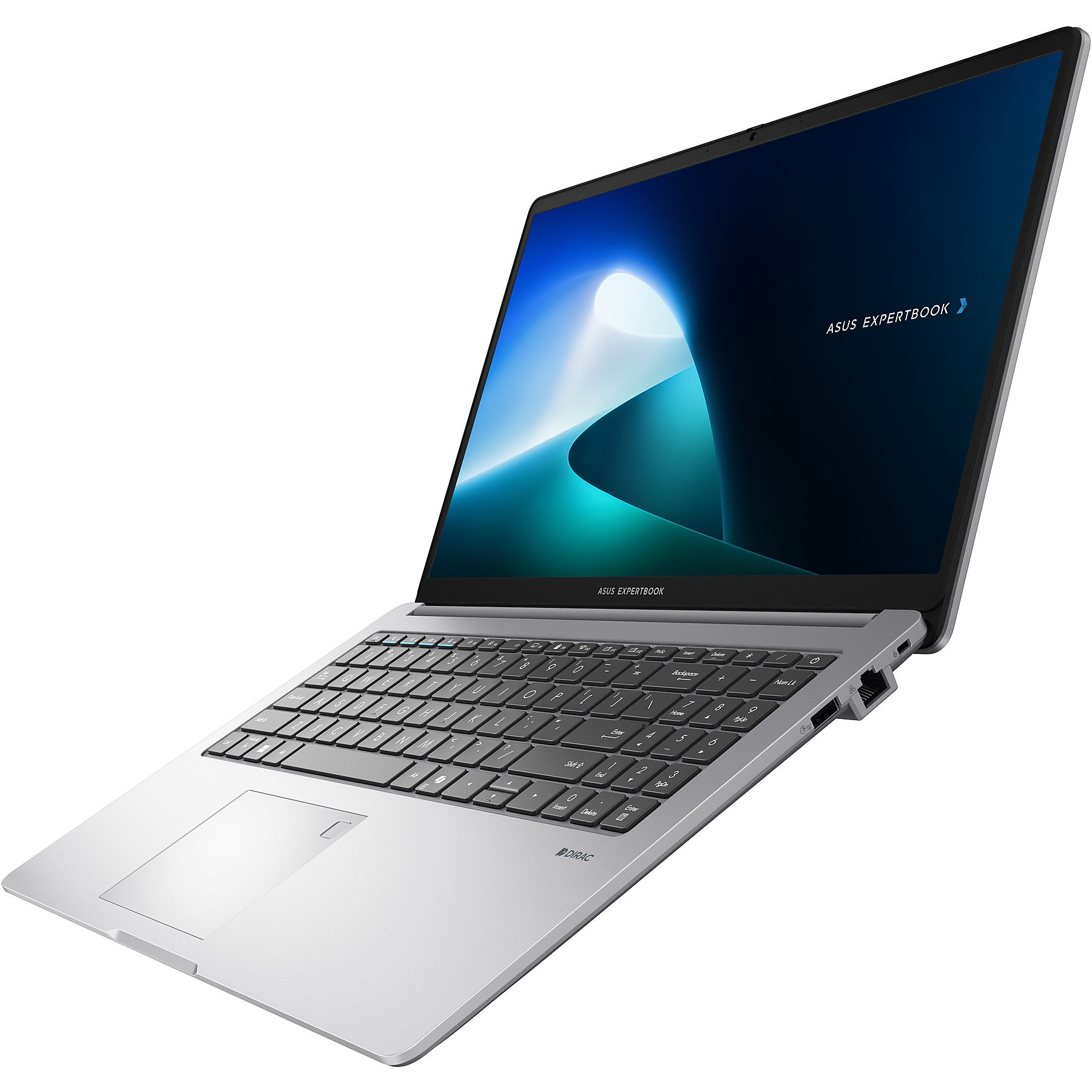 Laptop argentato con schermo scuro che mostra ASUS EXPERTBOOK, aperto su superficie bianca.