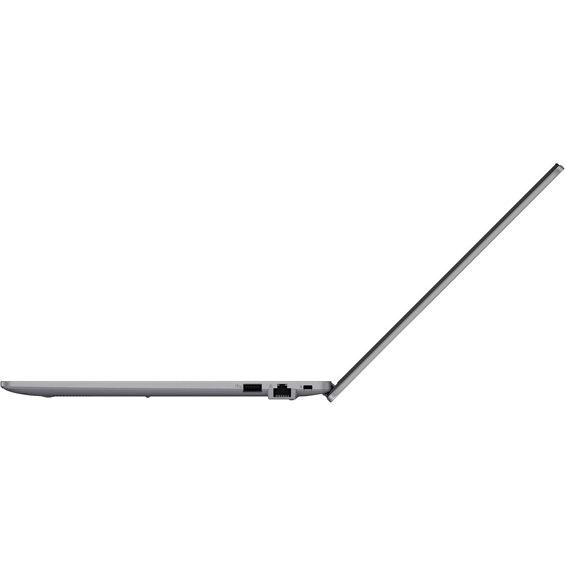 Vista laterale del laptop, aperto, che mostra porte e schermo, colore argento.