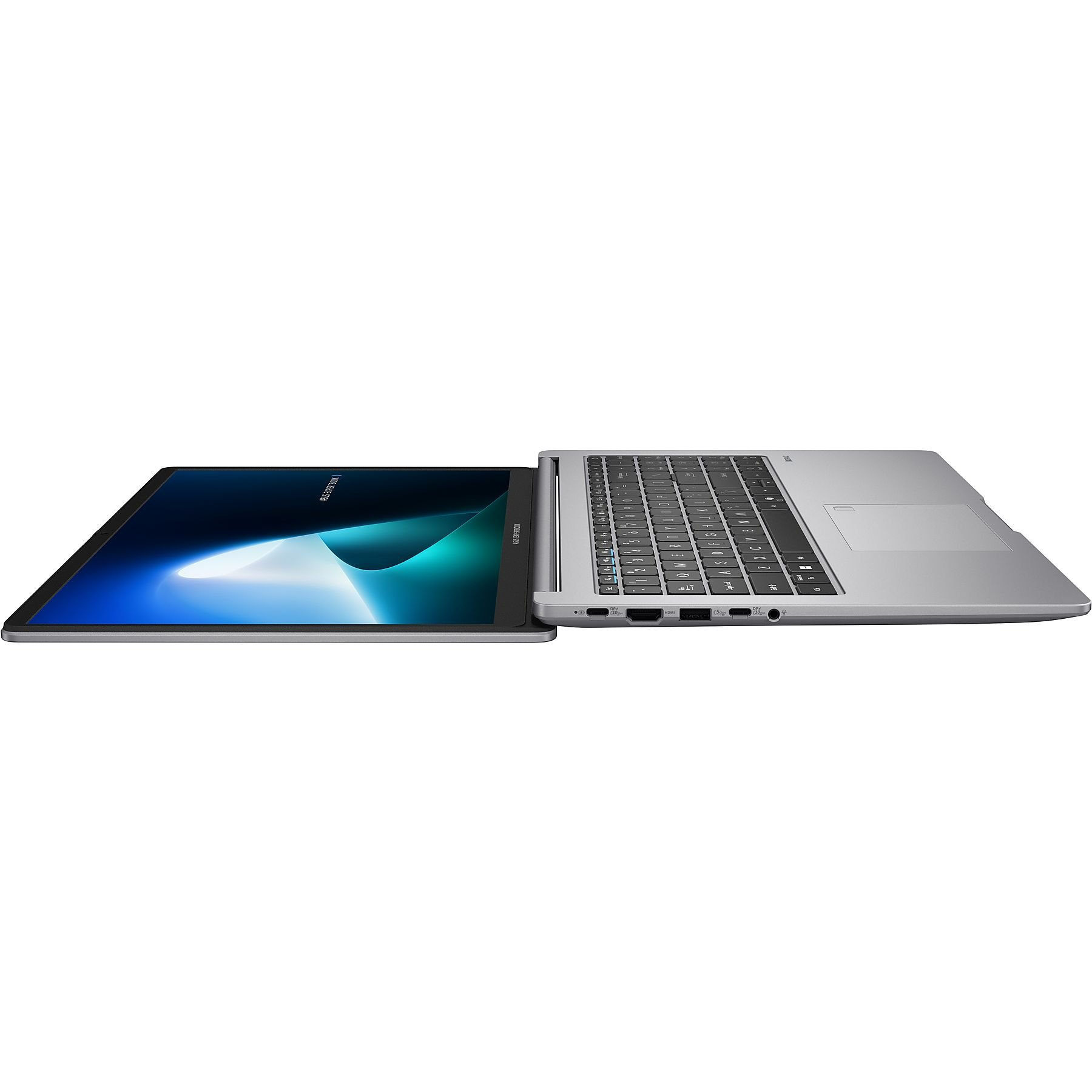 Laptop con schermo aperto, che mostra una sfumatura blu.