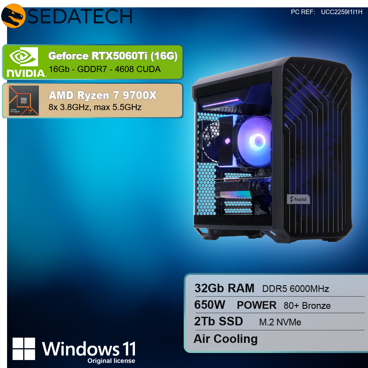 Ein PC mit Nvidia GeForce RTX 5060Ti, AMD Ryzen 7 9700X, 32GB RAM, 2TB SSD und Luftkühlung.