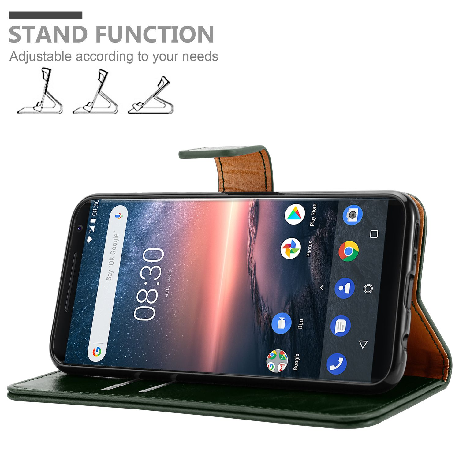 Telefon in grüner Ledertasche, Standfunktion, weißer Hintergrund.