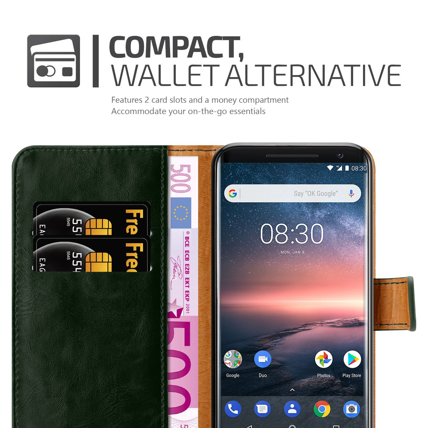Geldbörsenetui mit Kreditkarten und Geld, Telefonbildschirm sichtbar. Text: Kompakt, Geldbörsenalternative.