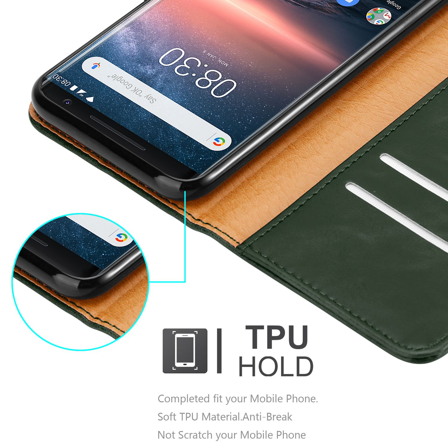 Telefon in einer grünen Lederhülle, zeigt den Bildschirm. Die Hülle hat Steckplätze für Karten, Nahaufnahme.