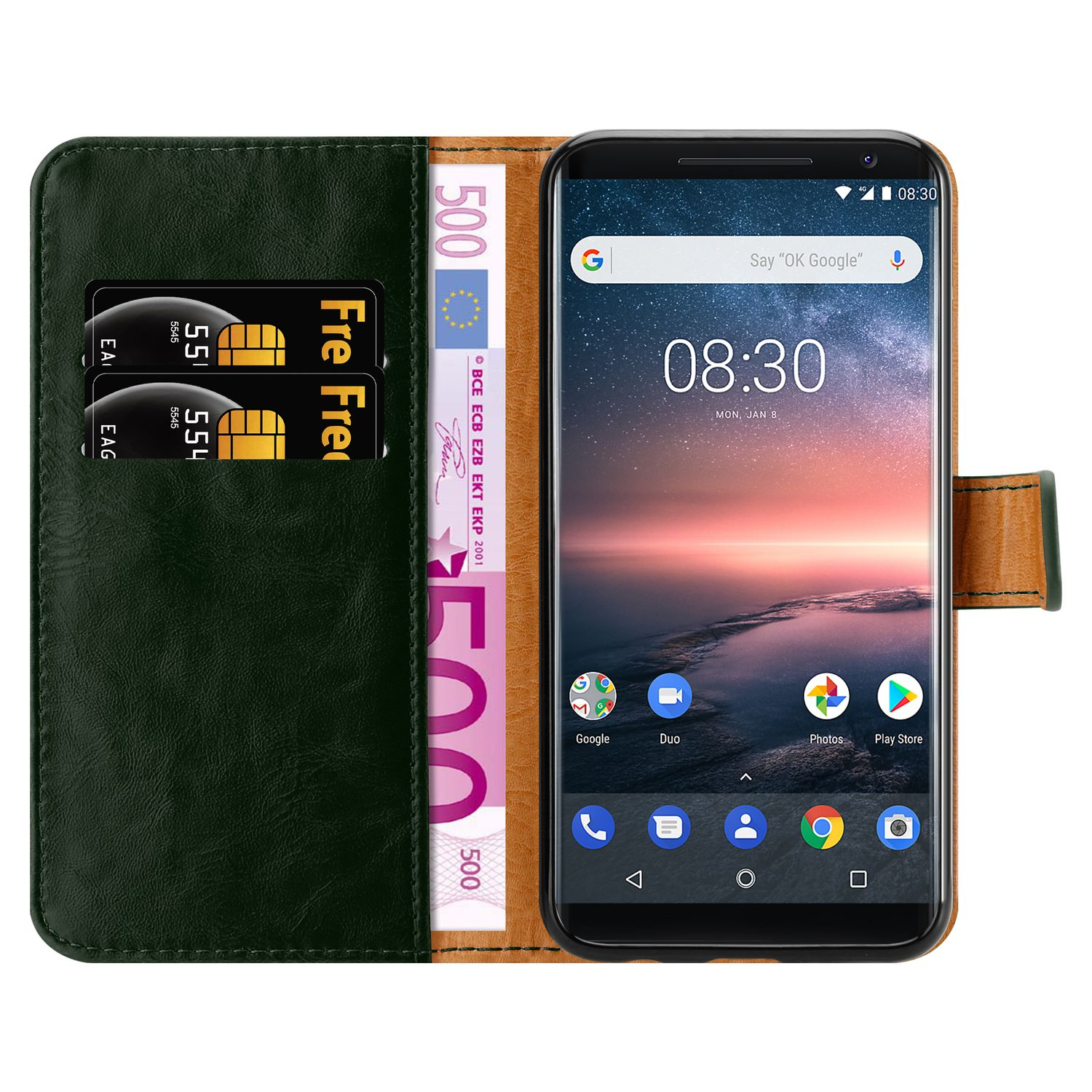 Geöffnete Handyhülle mit Geld und Karten. Ein Telefon zeigt einen Startbildschirm mit Zeit und Symbolen.