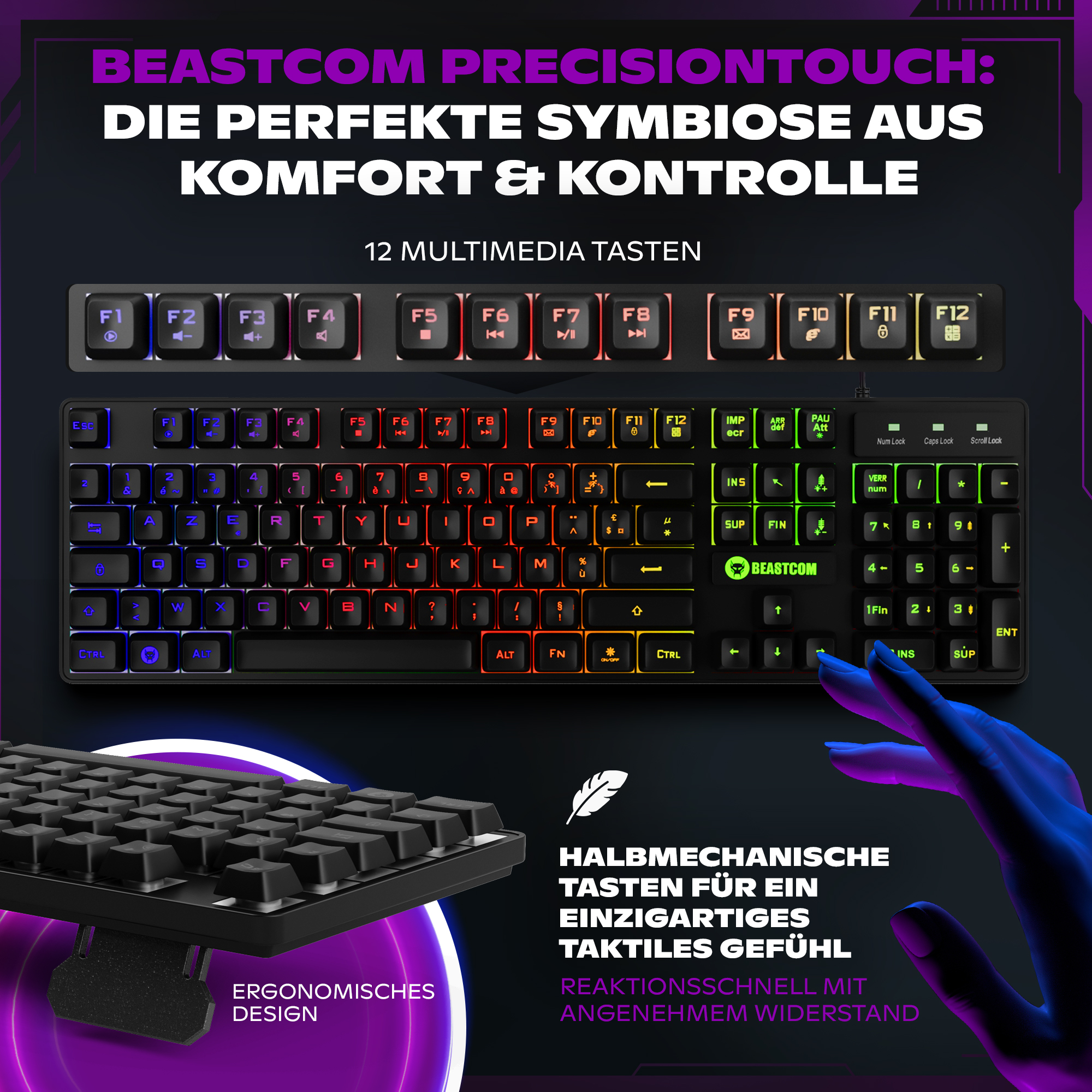 Schwarze Tastatur mit bunten Tasten. Text oben: 'BEASTCOM PRECISIONTOUCH'.