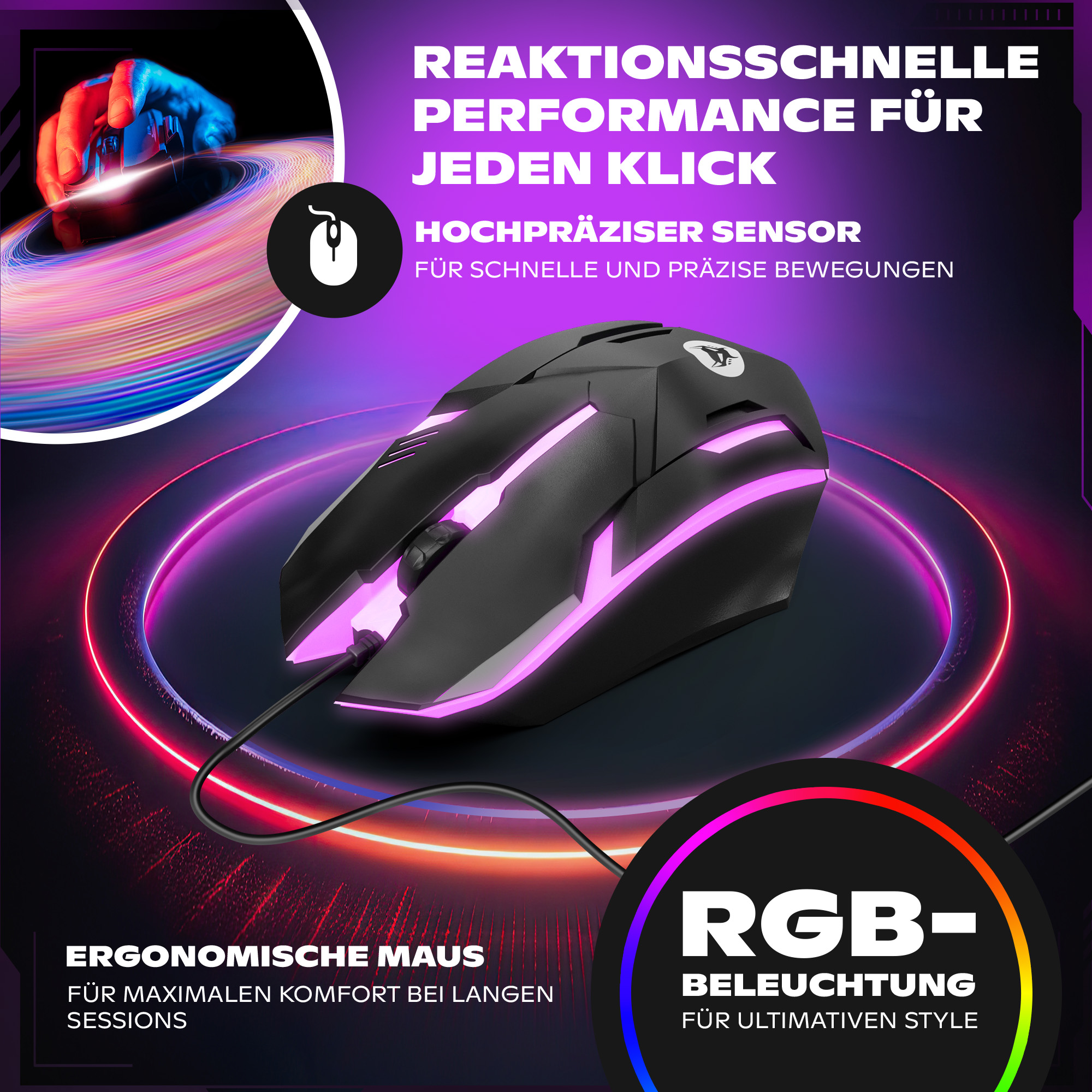Schwarze Gaming-Maus mit RGB-Beleuchtung. Violette Lichter beleuchten die Maus. Weißer Hintergrund und Text.