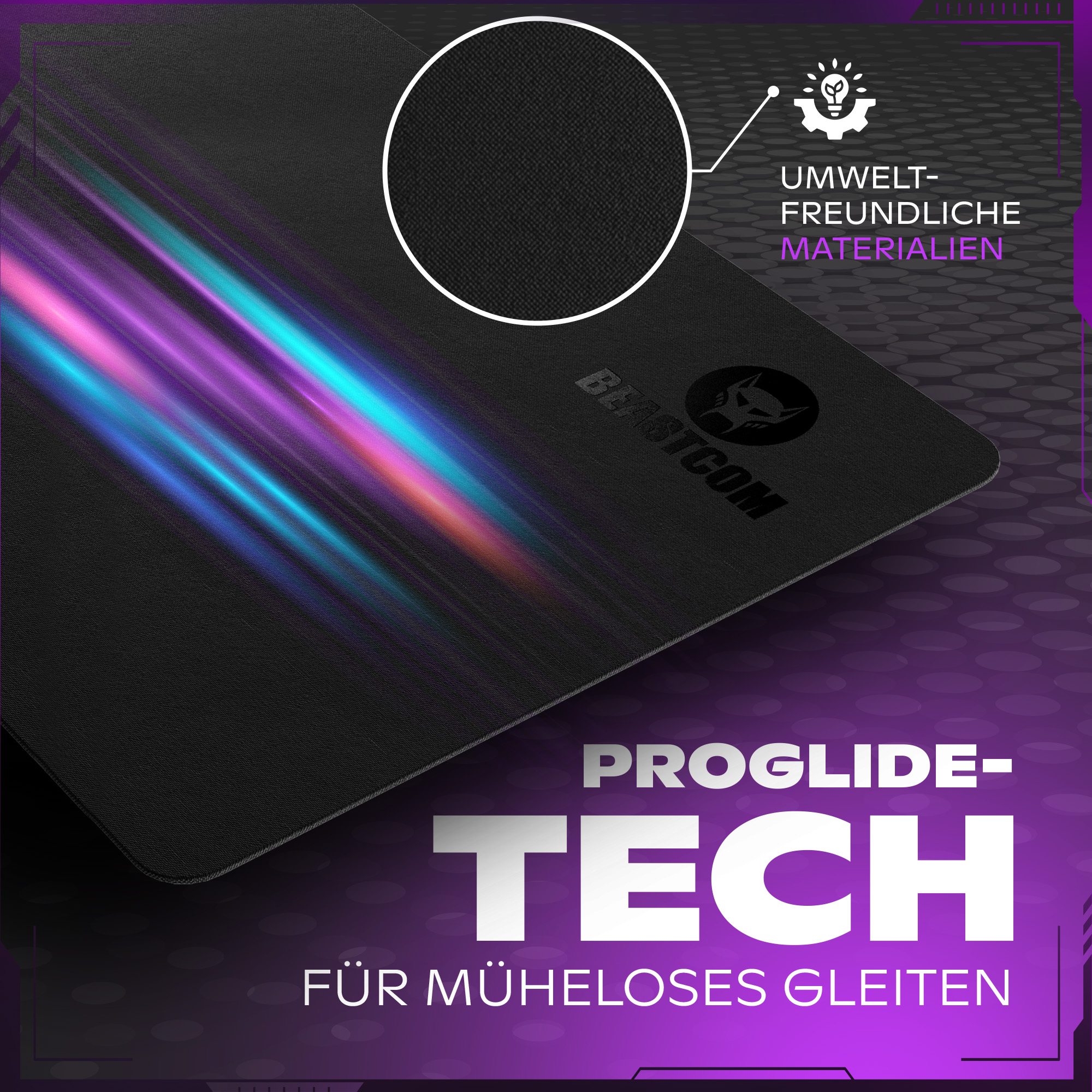 Schwarzes Mousepad mit bunten Lichtern, Logo und Text.