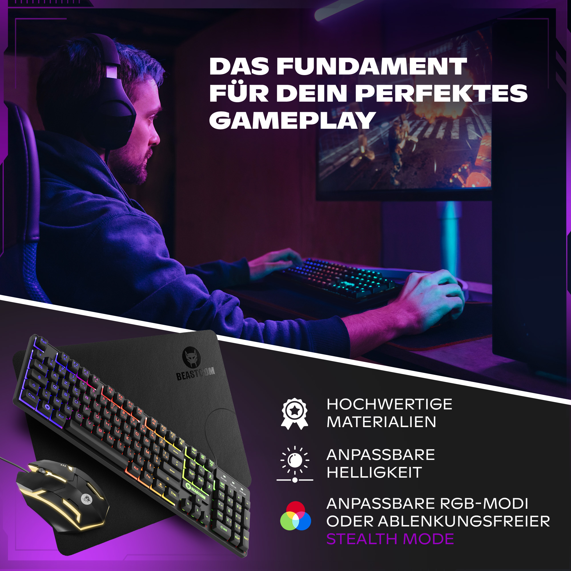 Ein Gamer sitzt an einem Schreibtisch mit Tastatur, Maus und Headset. Der Bildschirm zeigt eine Spielszene.