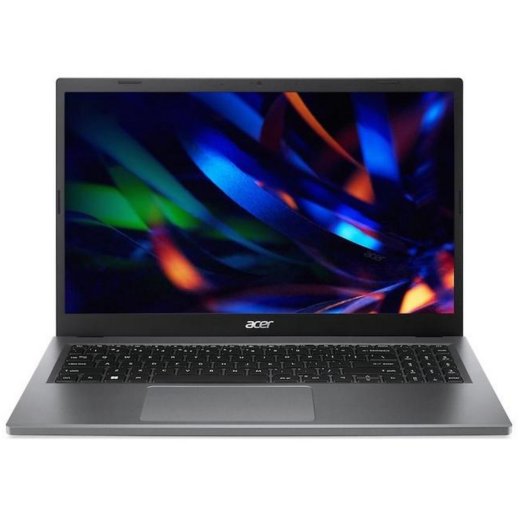 Laptop grigio, aperto su superficie bianca. Schermo acceso, mostra interfaccia scura.