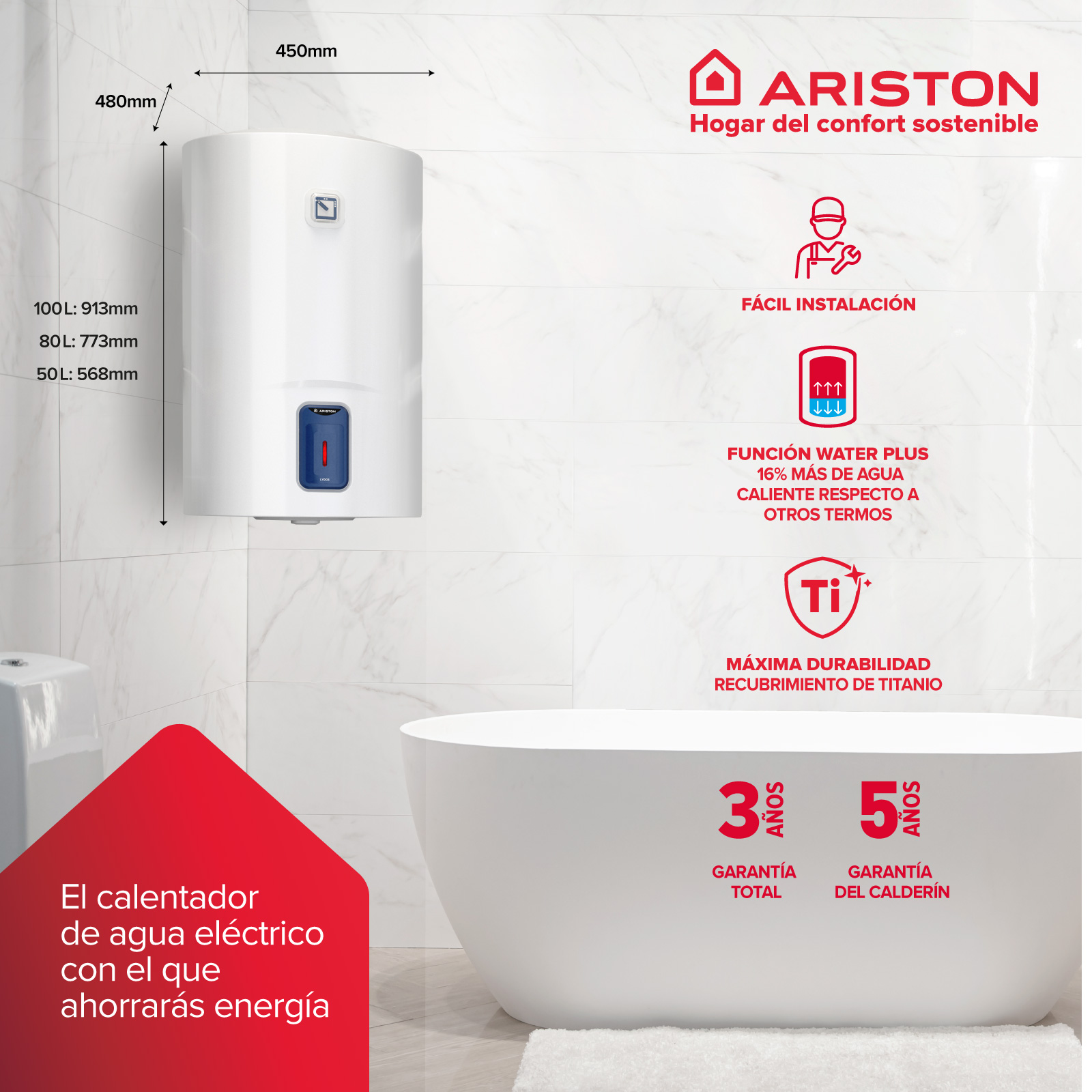 Calentador de agua blanco con dimensiones, ambiente de baño con bañera y azulejos.