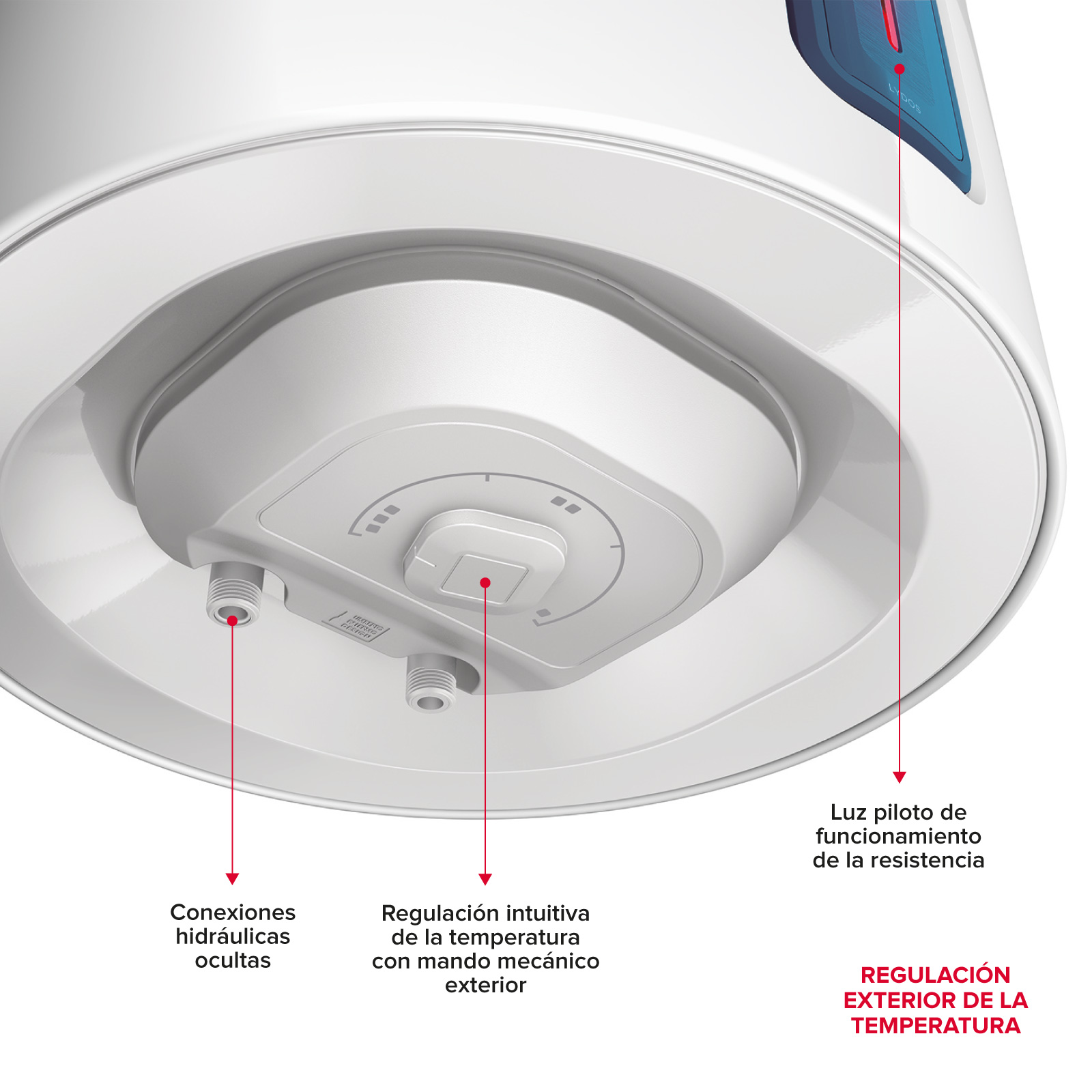 Primer plano del panel de control de un calentador de agua con componentes etiquetados.