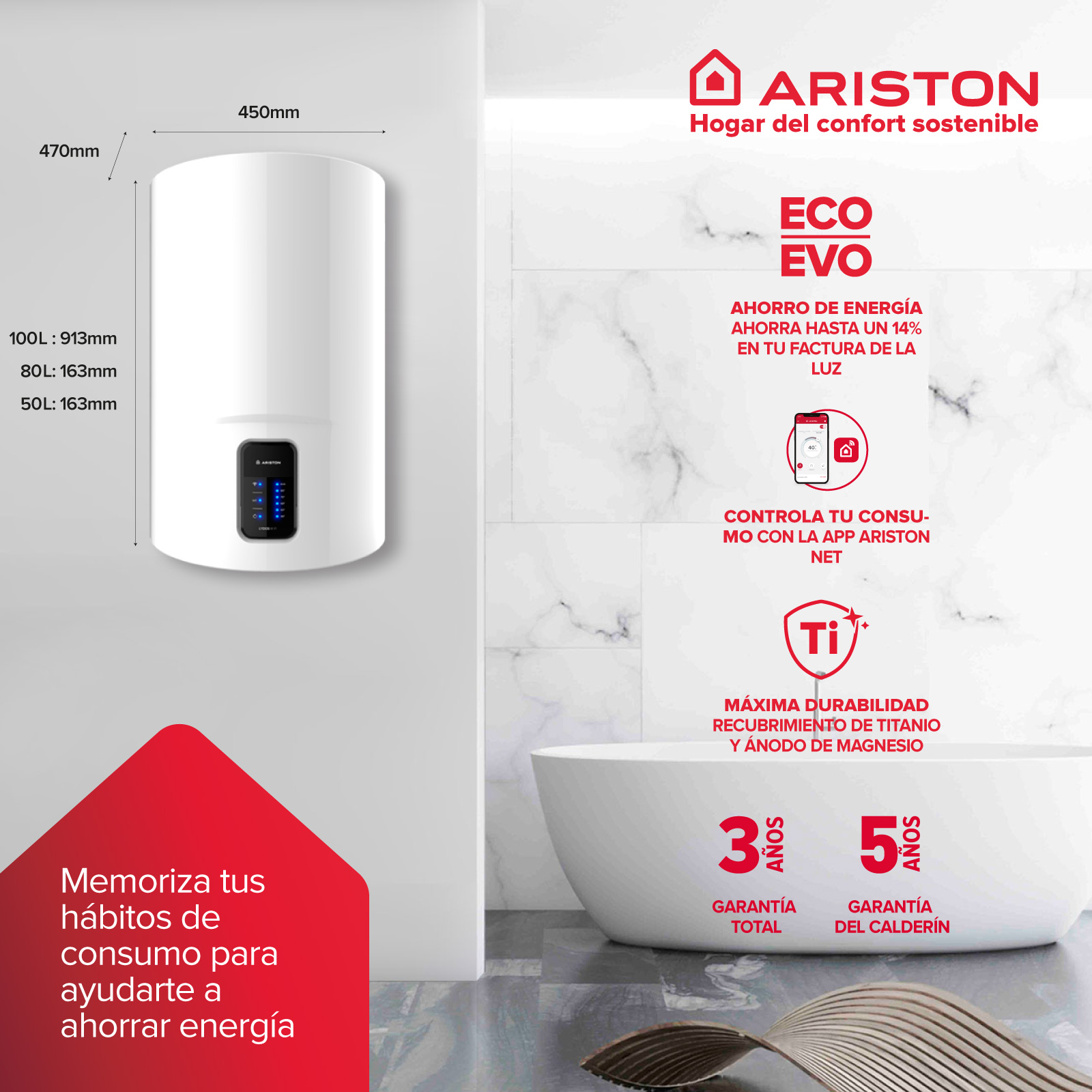 Calentador de agua blanco en pared de mármol, con texto sobre ahorro de energía y garantía.