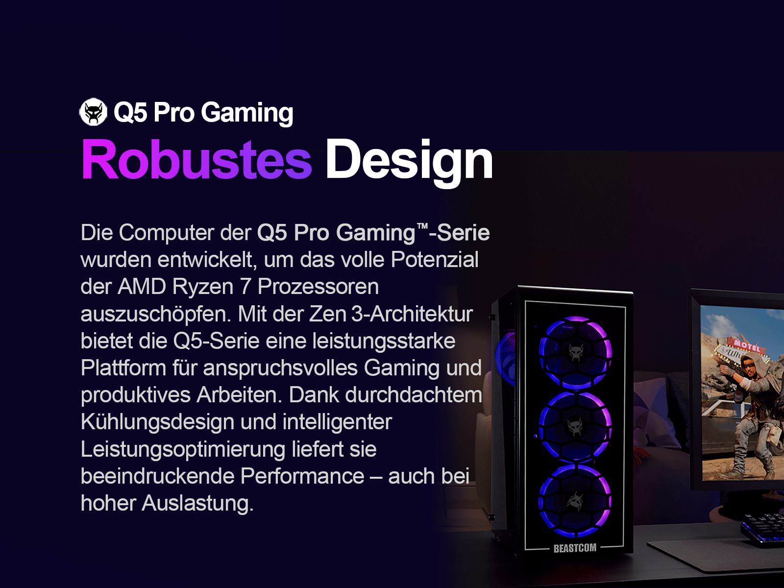 Czarna obudowa komputera ze świecącymi wentylatorami, tekst na górze. Monitor po prawej stronie.